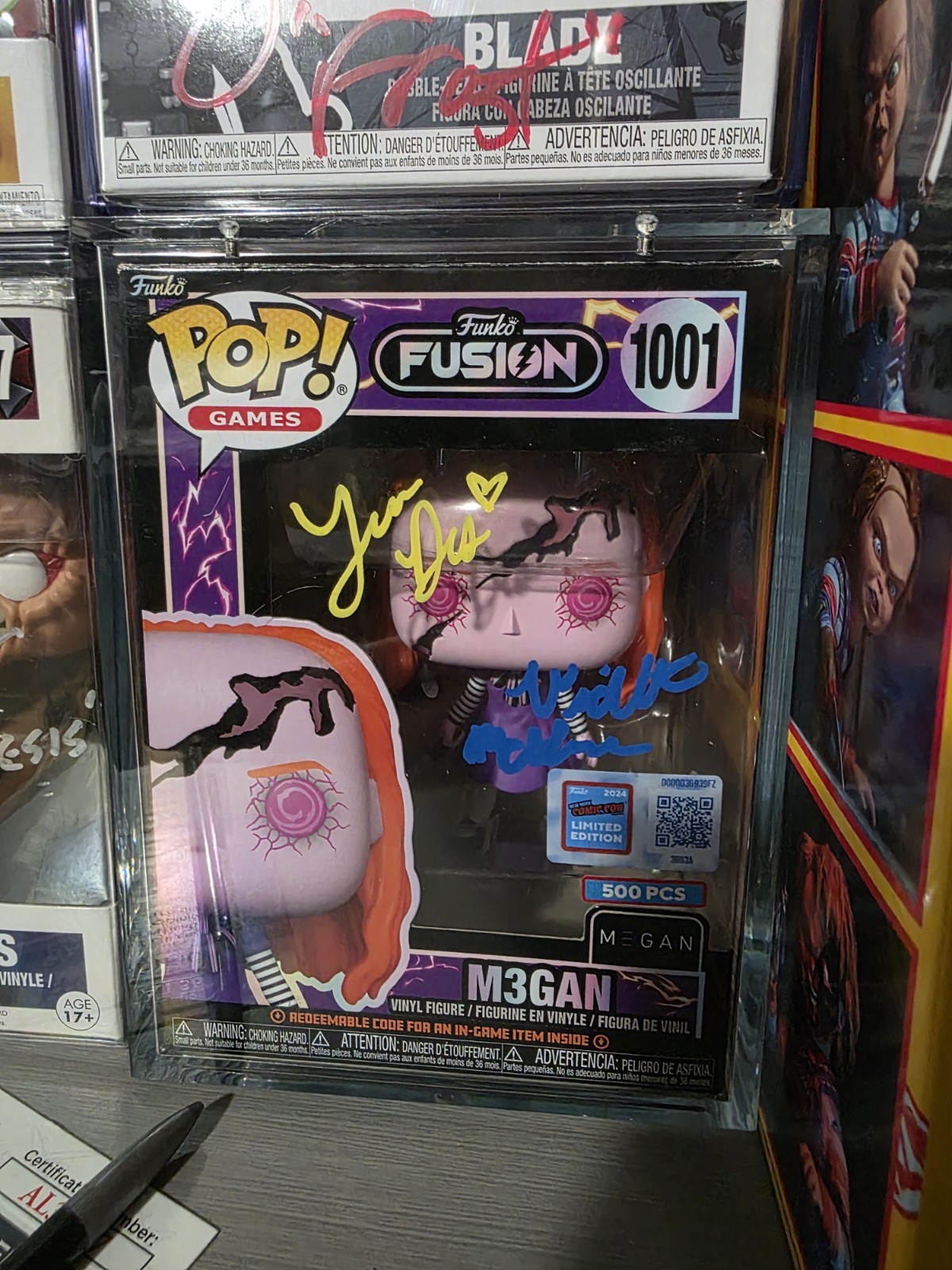 2x signed M3gan Megan Funko Fusion POP #1001 2024 NYCC Exclusive LE 500 Pcs JSA