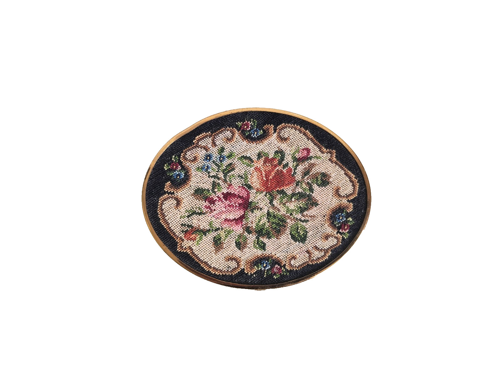 Vintage Schildkraut Petit Point Floral Compact Genuine Handmade Needlepoint Oval