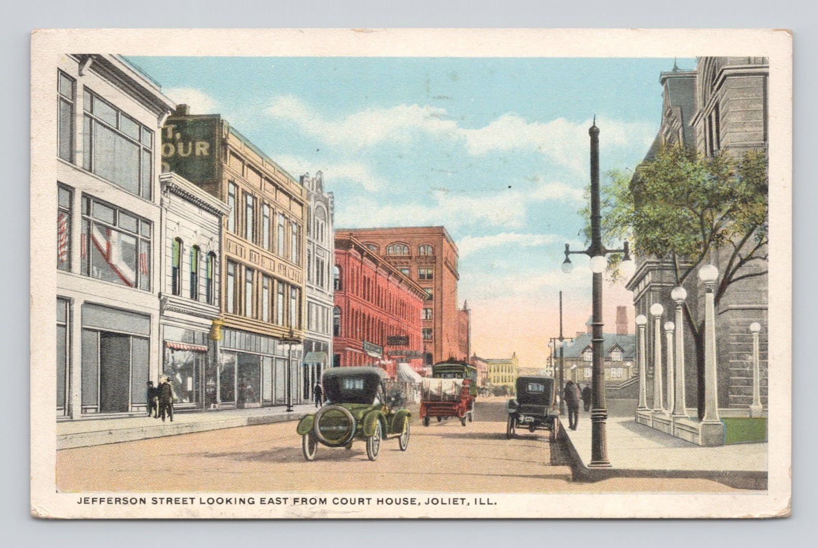 Postcard IL Joliet Jefferson Street View Looking East Old Cars Street Car