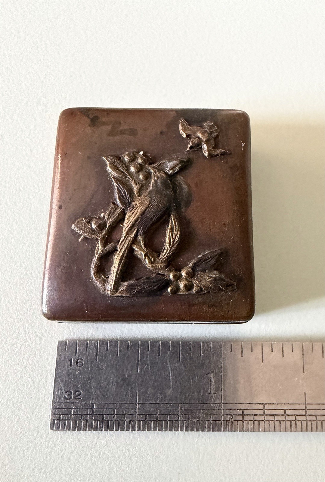 Antique Japanese Meiji Mixed Metal Copper Bird Berry Pill Box c1890-1912