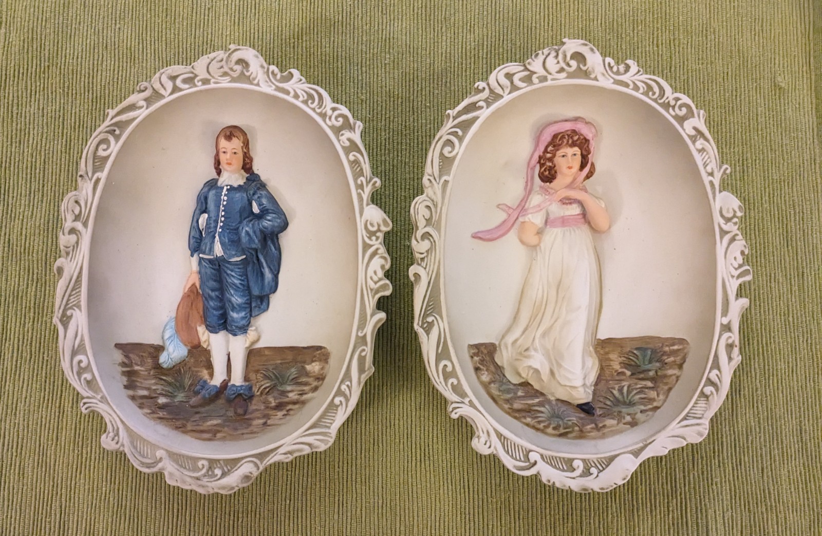 Vintage Lefton 3D Wall Plaques KW3504 Blue Boy & Pinkie Bisque Porcelain Pair