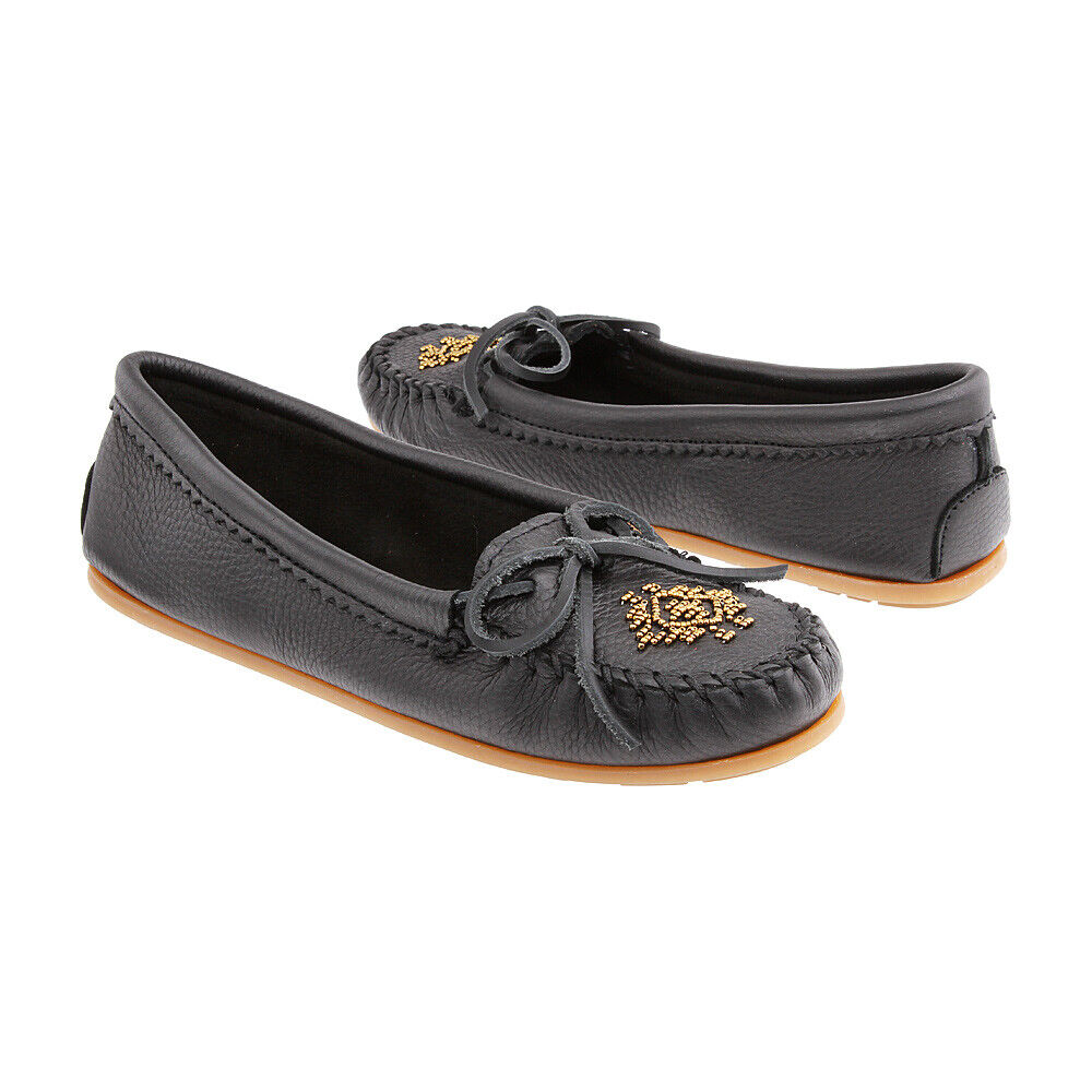 Minnetonka Deerskin Beaded Ladies Black Moccasin Shoes 6.5