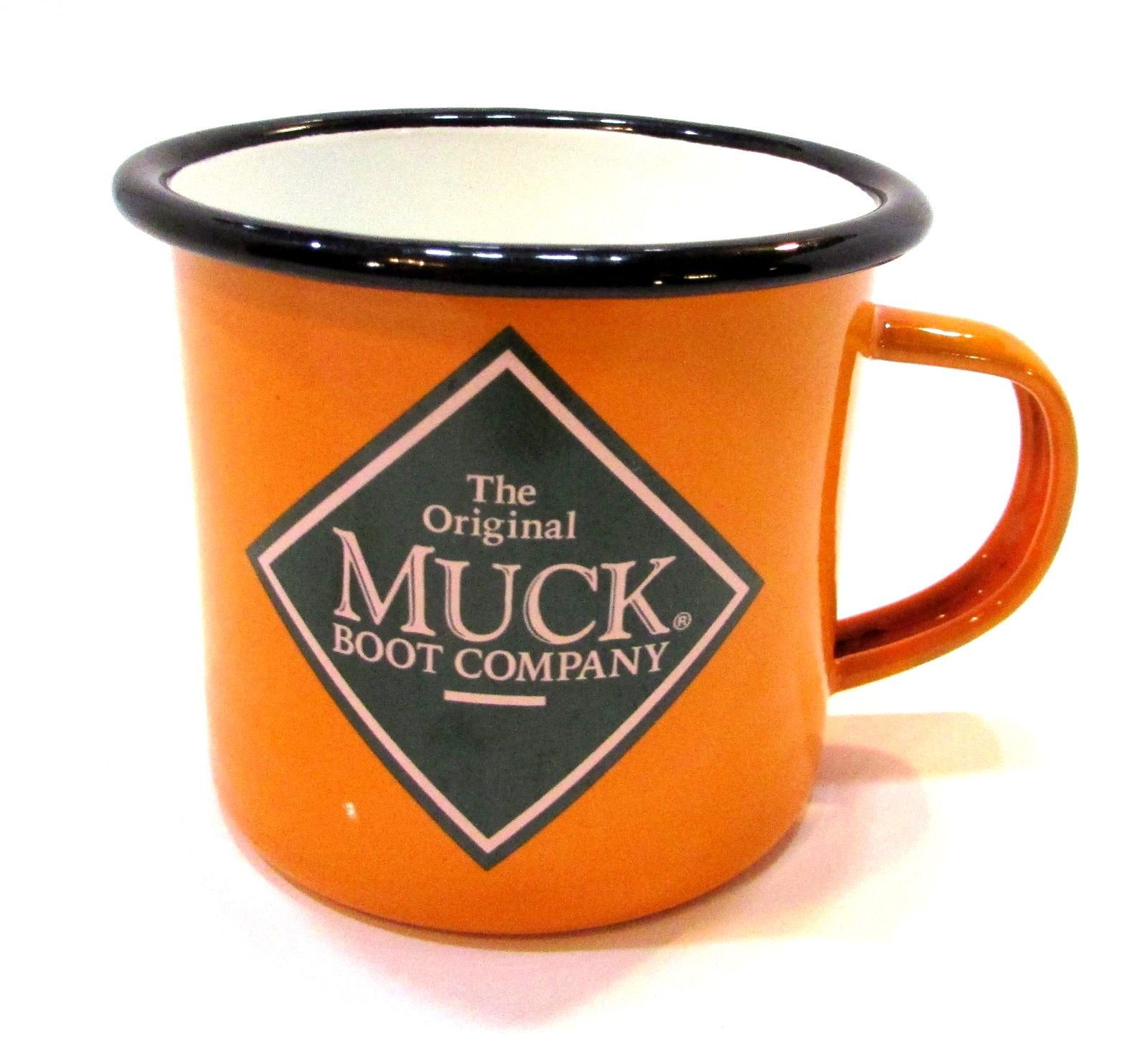 Vintage 2000s Excellent Orange Green White Enamelware Mug Muck Boot Company Cup