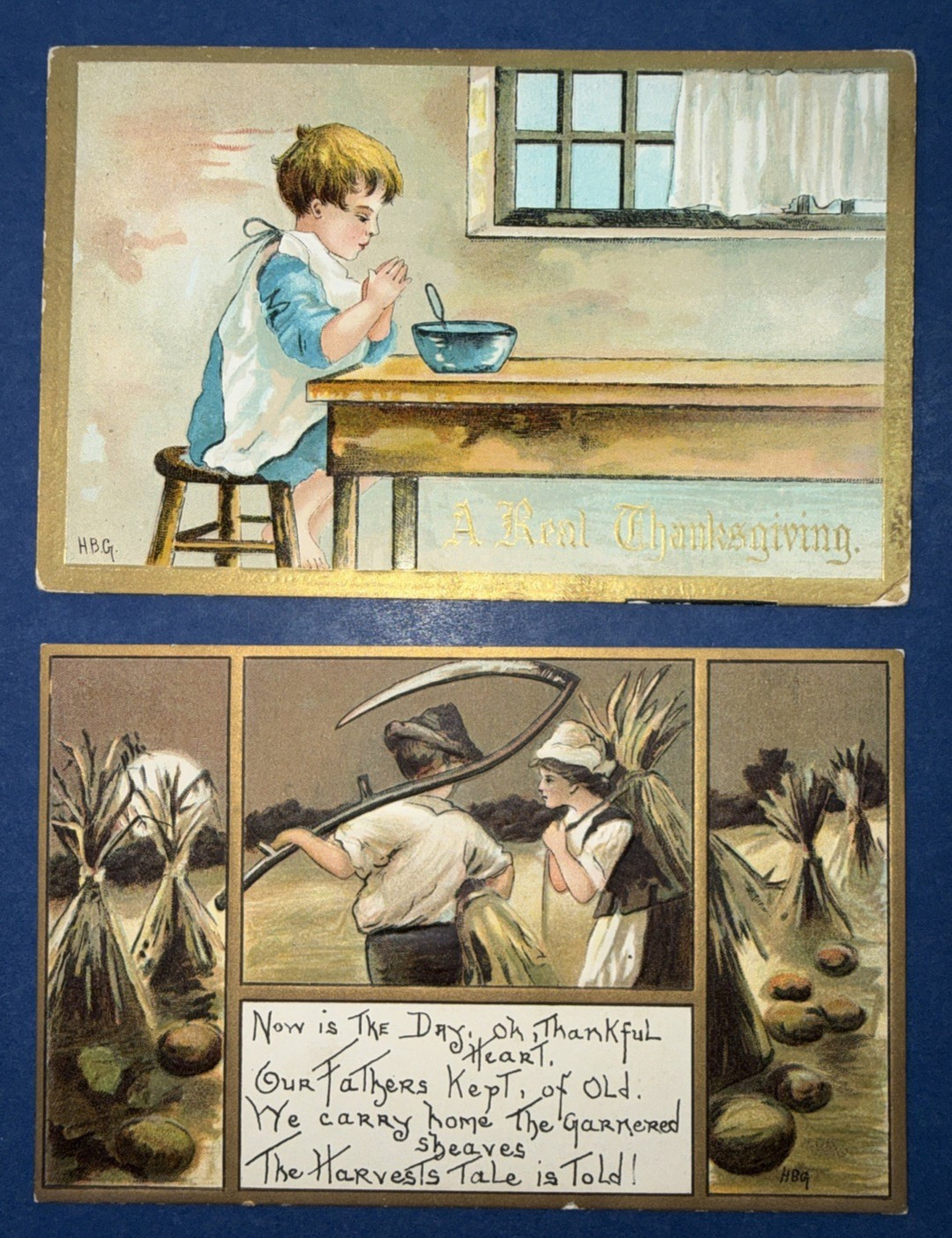 2 Thanksgiving Antique Postcards. EMB. Gold. Children. Artist: HBG. PUBL: L&E