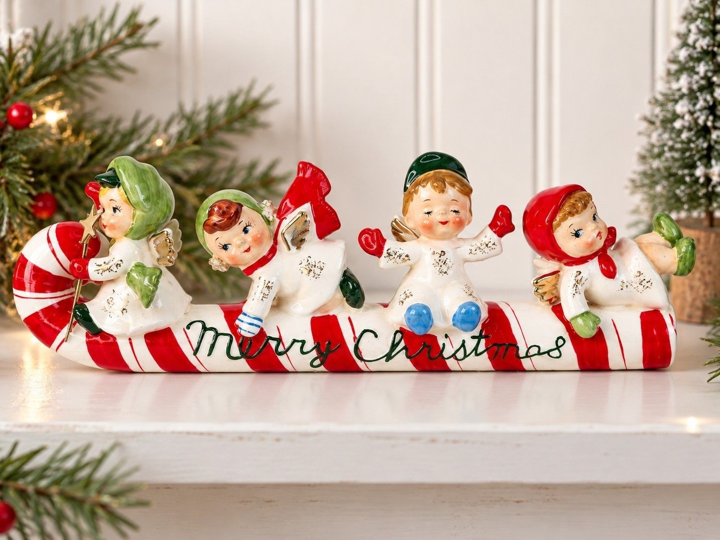 Vintage Lefton 626 Christmas Candy Cane Sled 4 Angels Wand Japan 1950s Rare