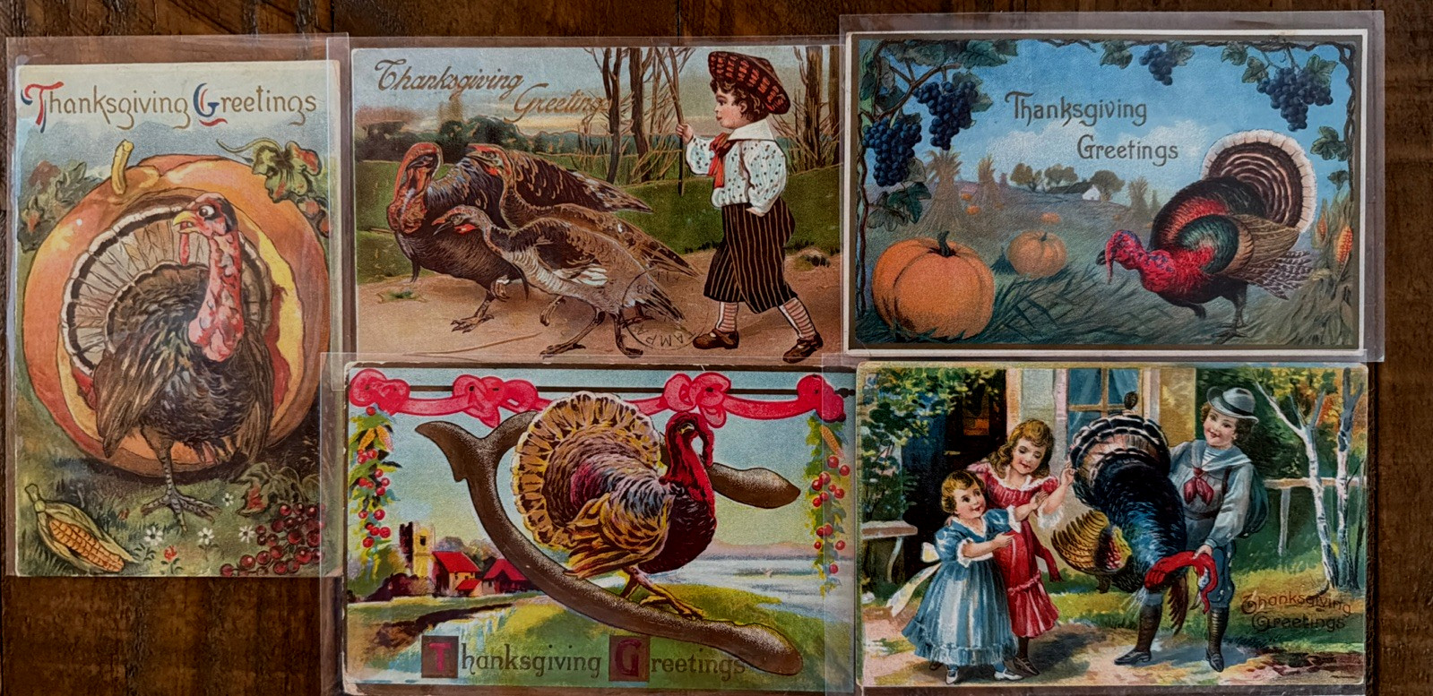 Lot of 5~Antique~Thanksgiving Postcards~with Turkeys~Pumpkin~Children~etc.~s646