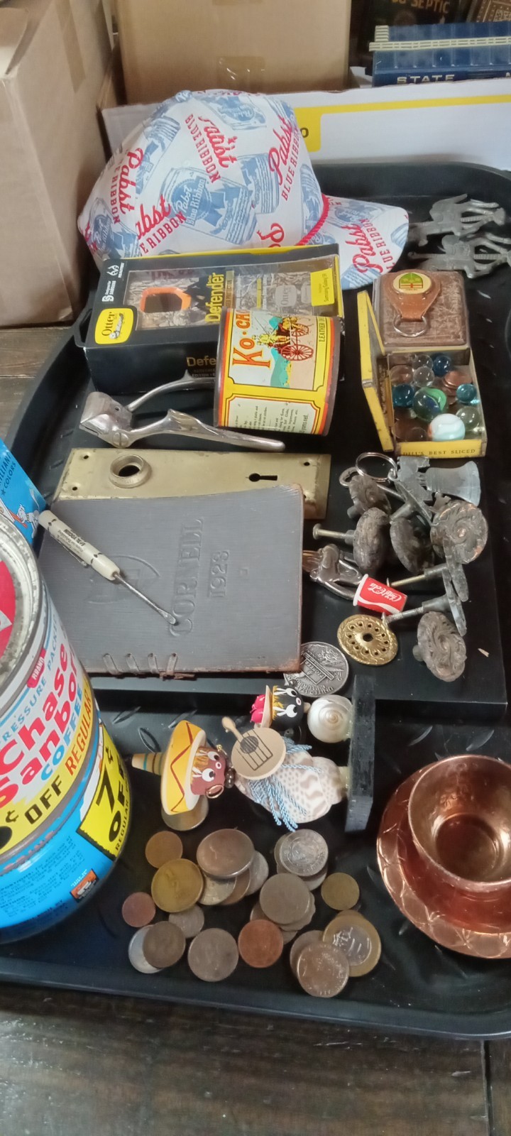 ANTIQUE JUNK. DRAWER LOT   COINS,  JEWELRY, Tins Marbles New Beer Cap 5 Lbs