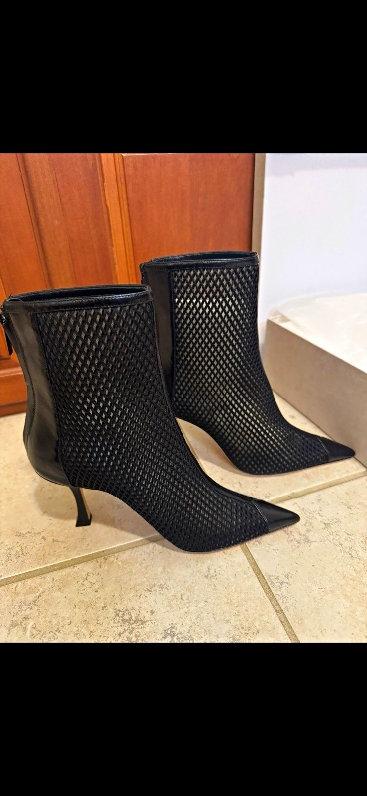 Jimmy Choo NAUDOO Black Mesh Ankle Bootie Pointed Toe Stiletto Zip EU 38