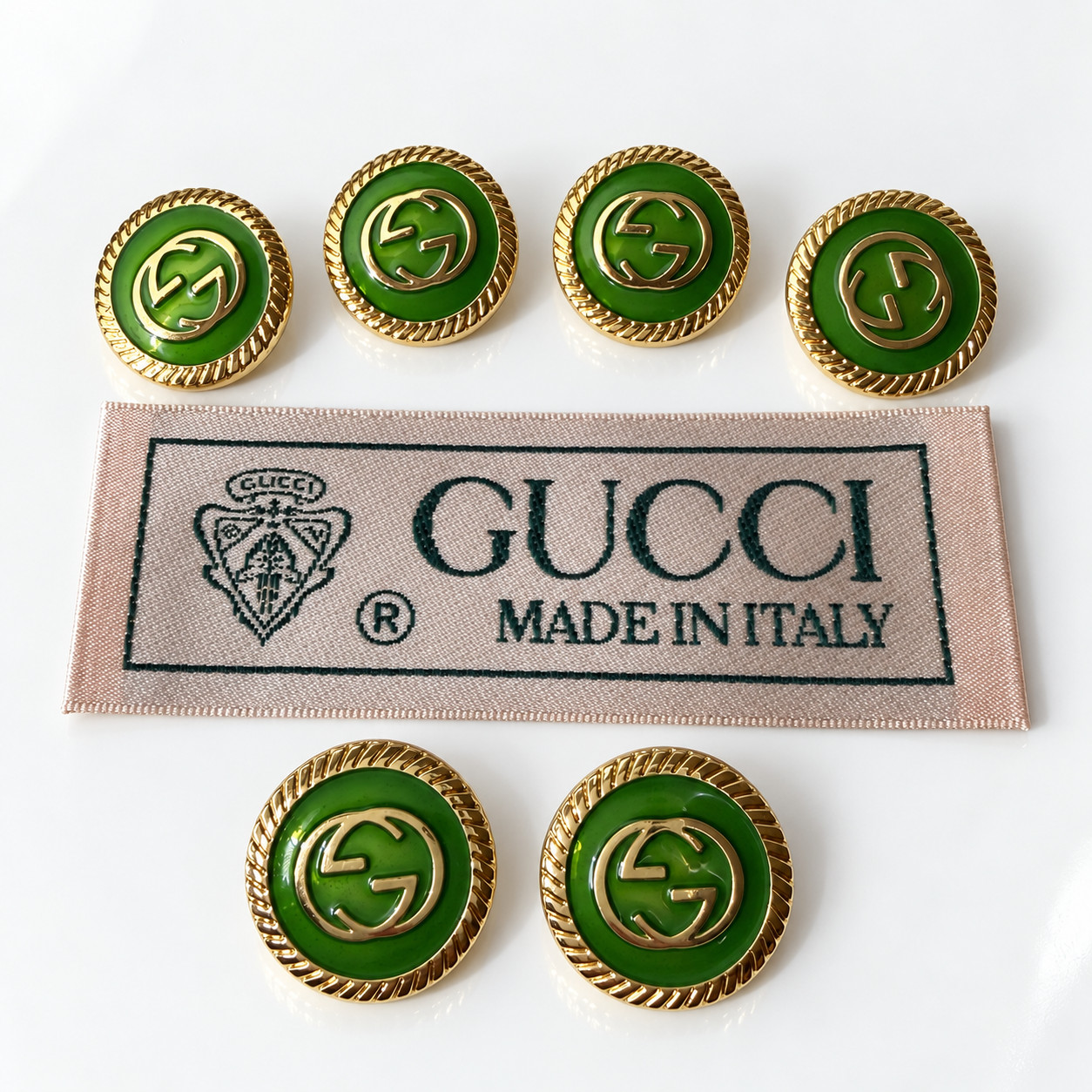 GUCCI 6 GG Logo Buttons Green Gold 20mm Woven Fabric Clothing Label Tag Garment