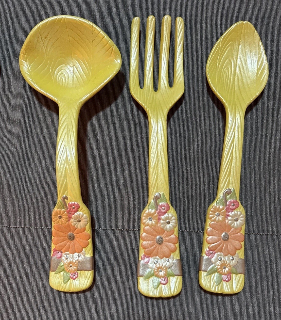 VTG Mushroom Ladle Fork Spoon Hand  Painted 14” 1970’s Ceramic Sheen MCM Wall