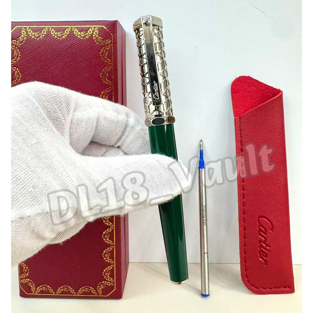 CARTIER Santos de Cartier Green Lacquer Pen Silver Patterned Cap w/ Box & Pouch