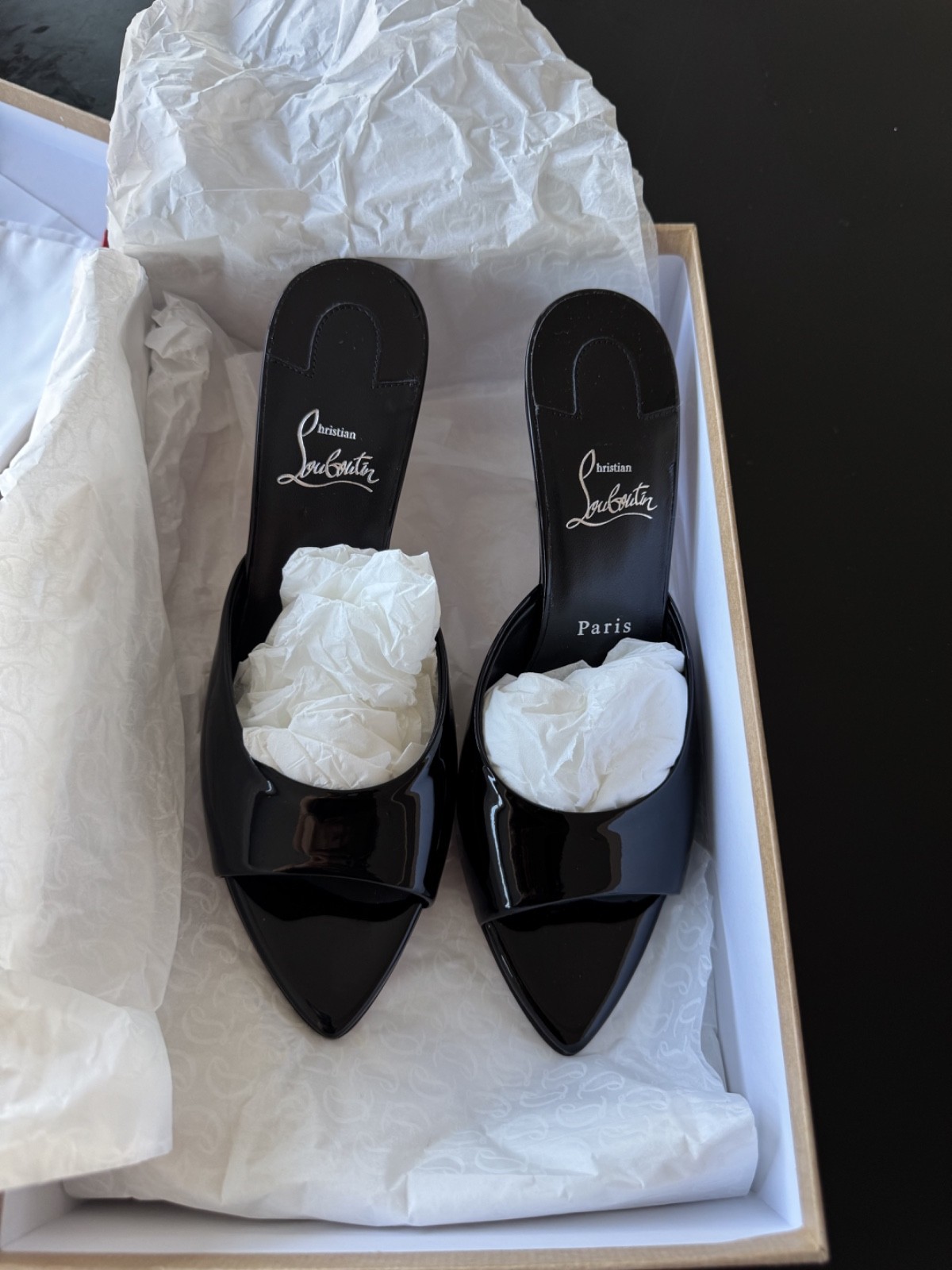NEW Christian Louboutin Miss Z Mule 80mm Black Patent Leather Heels Size 39.5