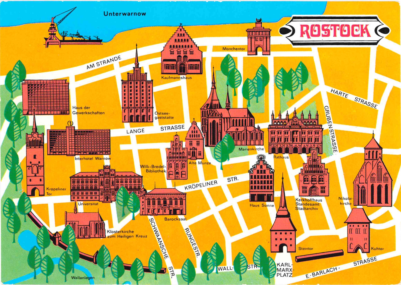 GDR postcard/postcard with city map Rostock 1977-unmarked