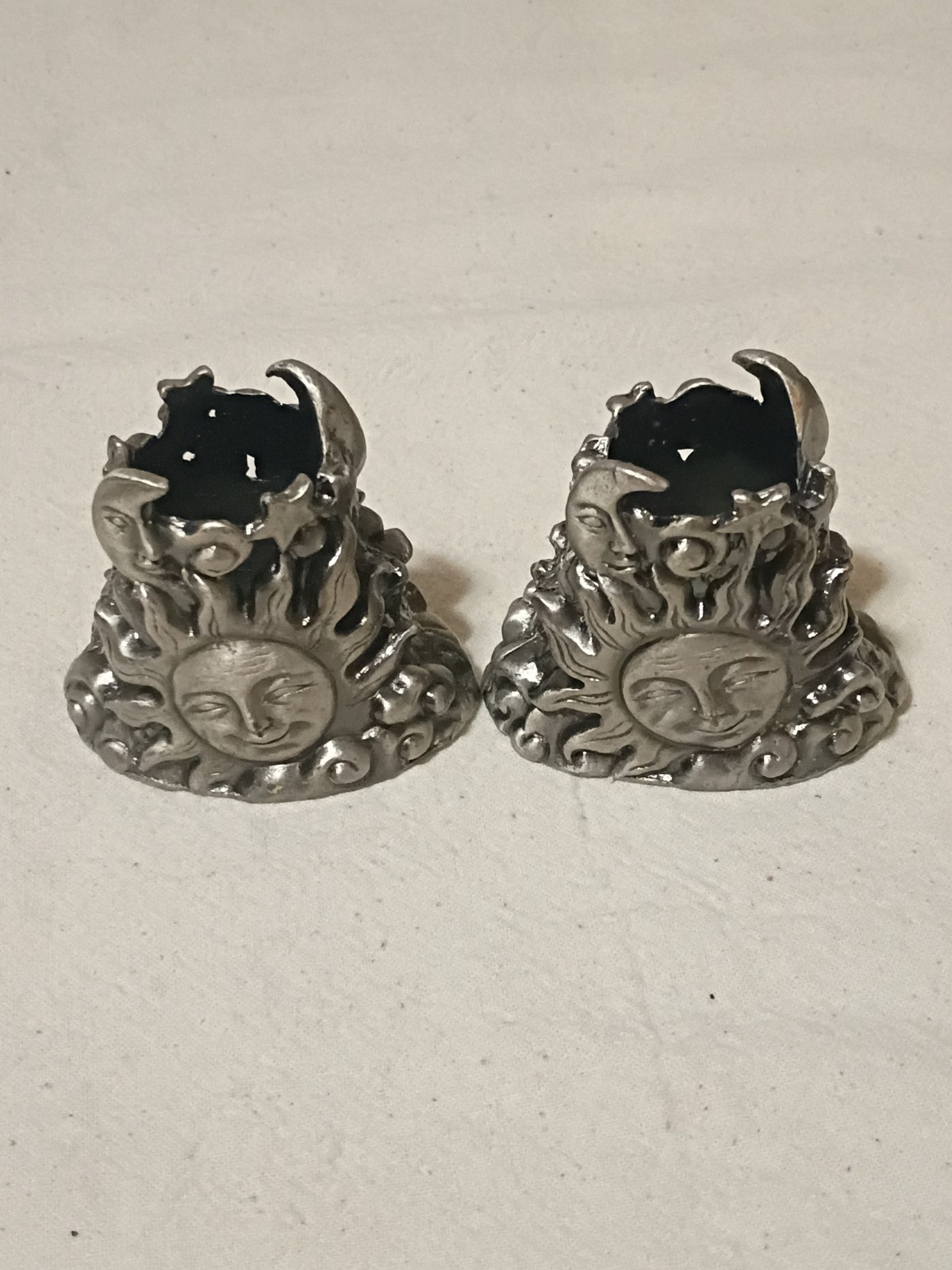 Pair Pewter Sun Face Candle Holders