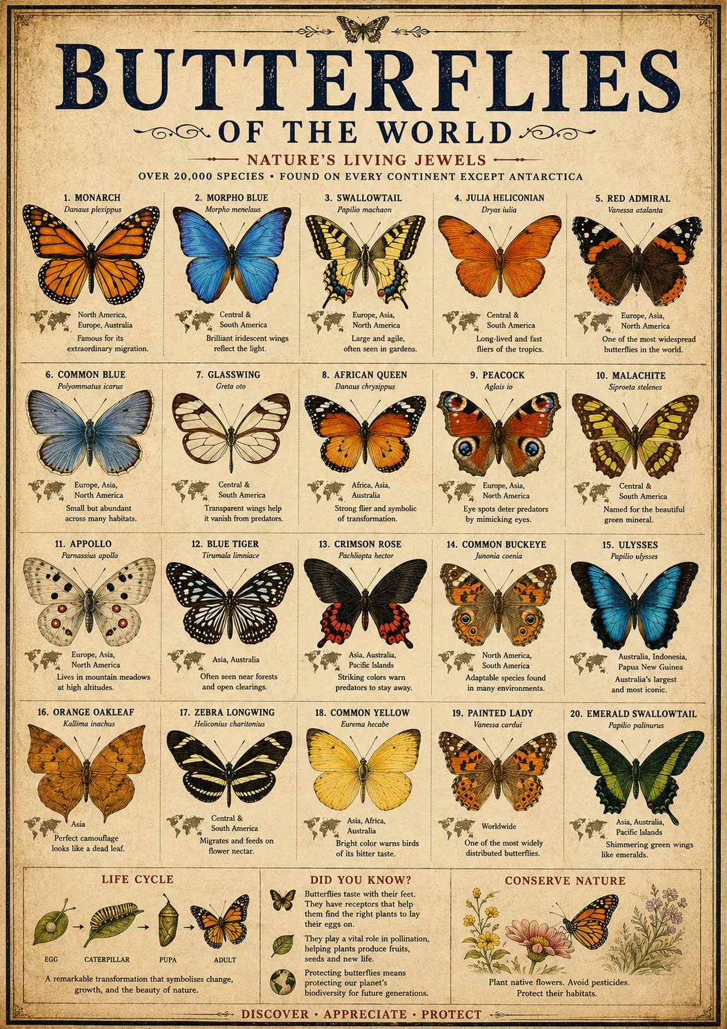 Butterflies of the World Poster 13x19 – Vintage Butterfly Species Chart Nature