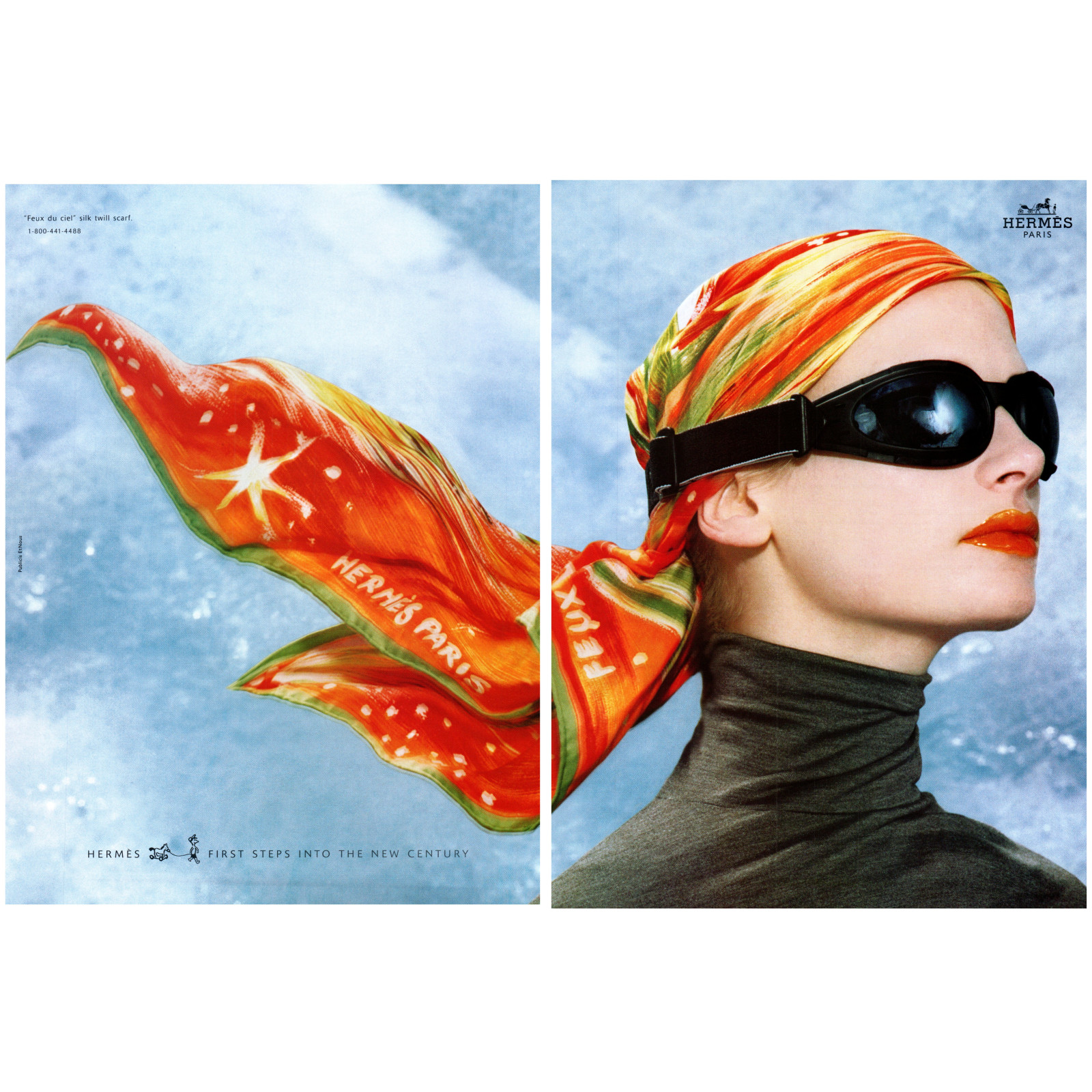 2000 PRINT AD, Hermes Paris Feux Du Ciel Silk Twill Scarf Fashion Y2k 00's Ad