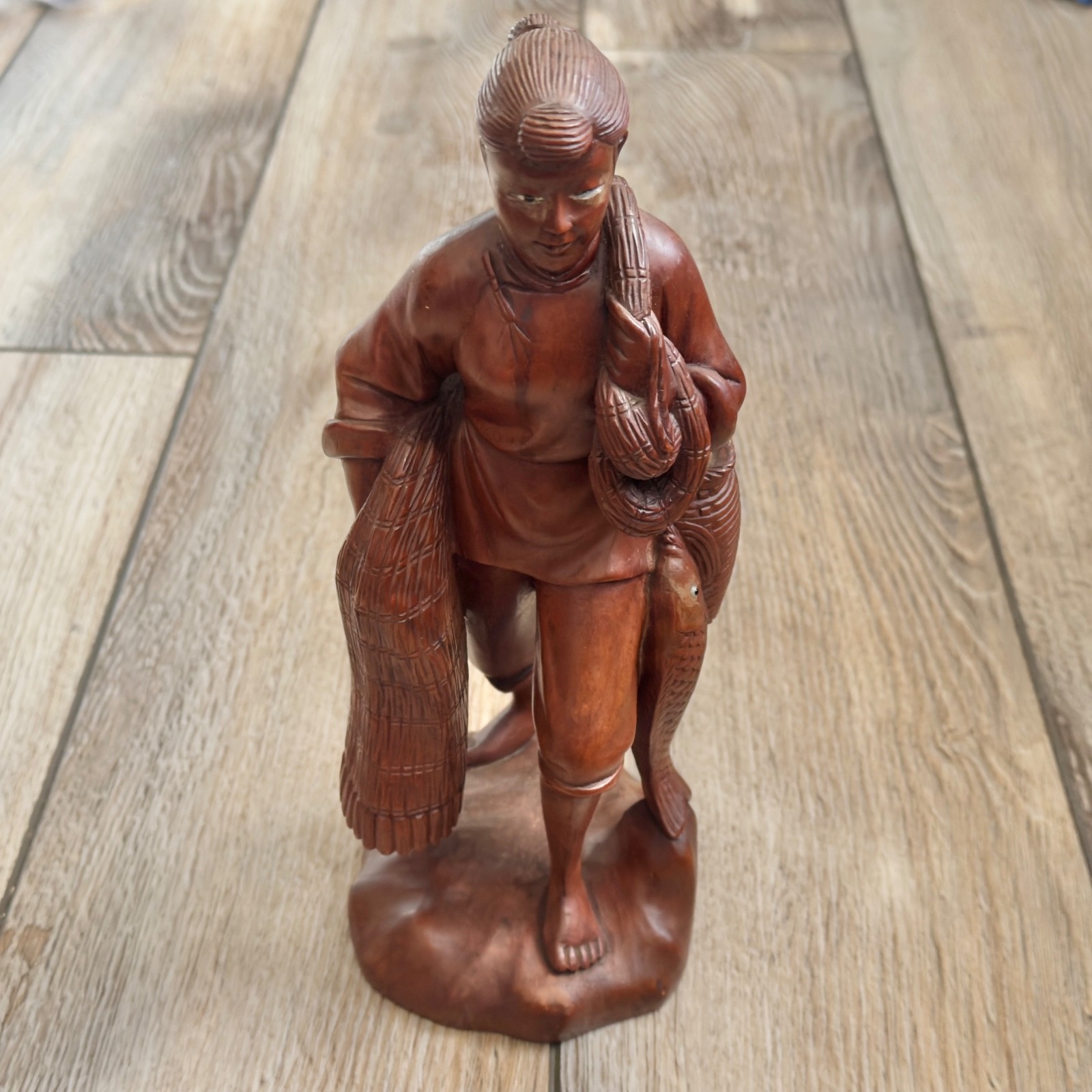 Vintage Happy Asian Fisherman Woman With Net Hand Carved Wooden Figure