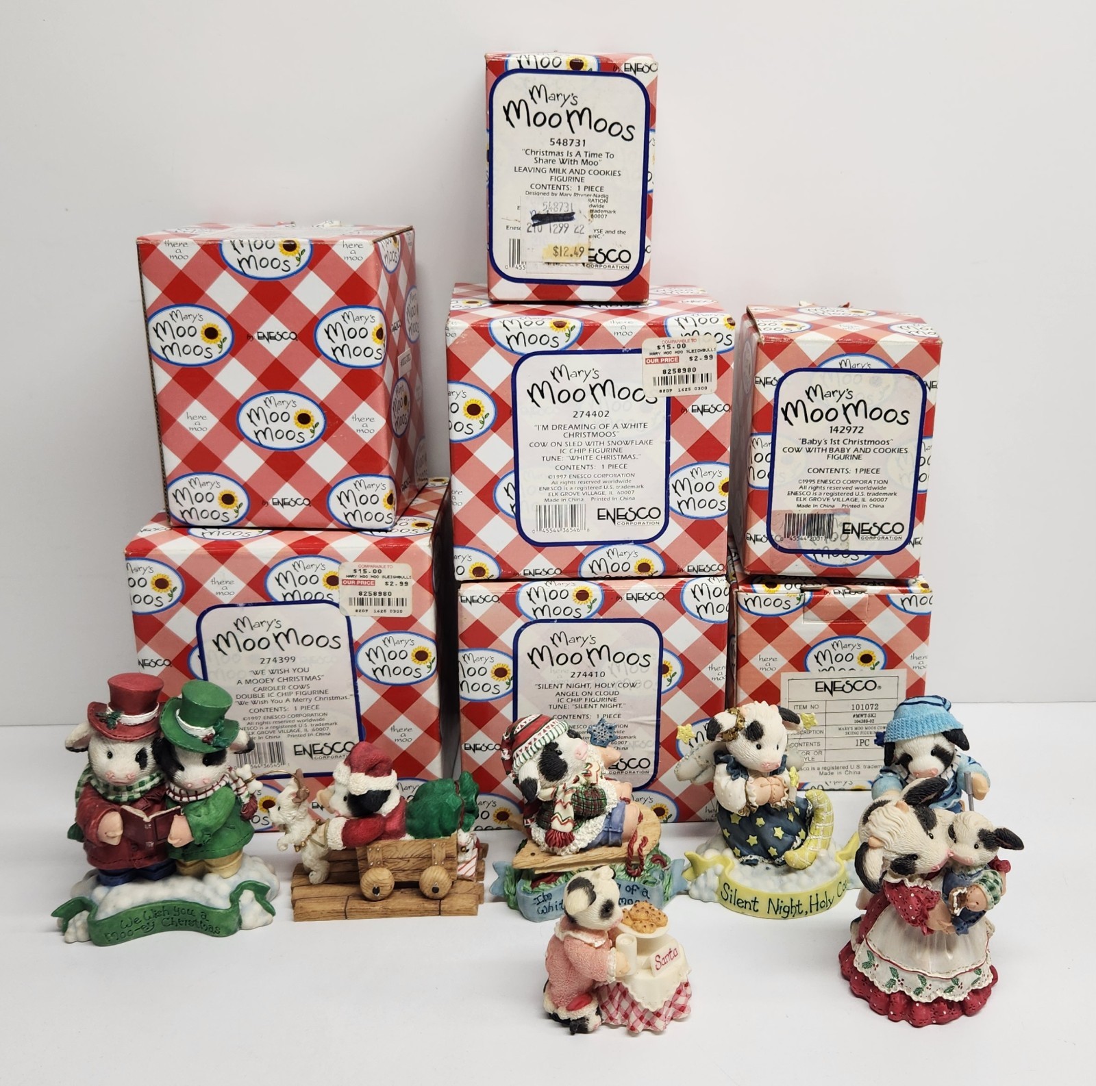 Mary's Moo Moos Figures Christmas Winter Vintage Lot Of 7, READ