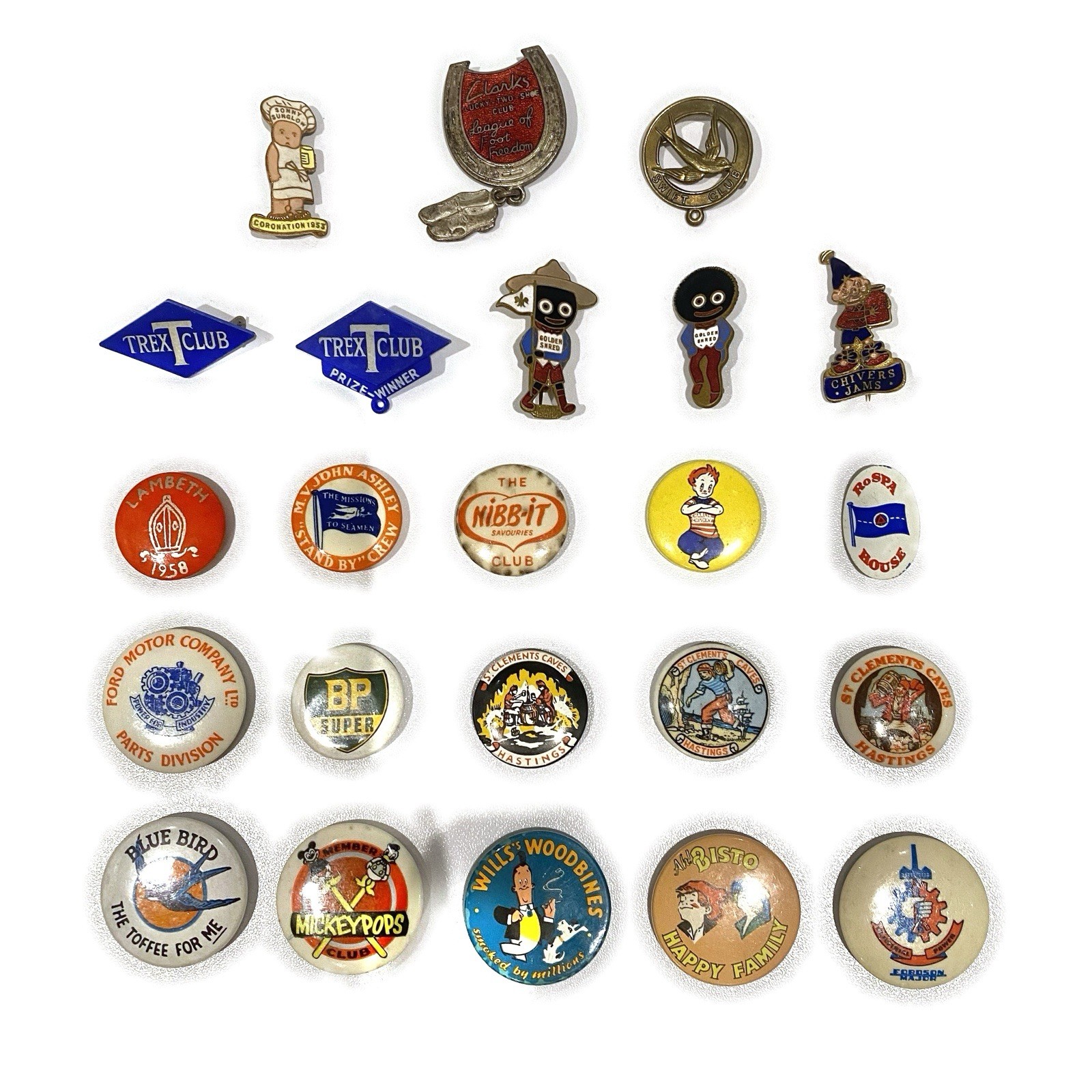 23 Vintage 1950s Advertising Badges Job Lot Golden Shred Bisto Mickey Mouse Club