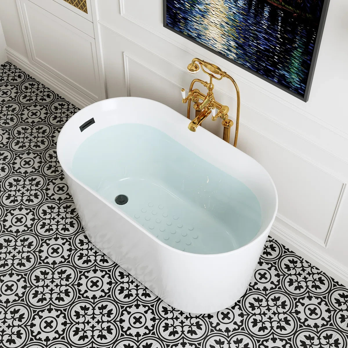 HOROW 47'' Acrylic Freestanding Bathtubs Oval Shaped Soaking Tub with Side Drain
