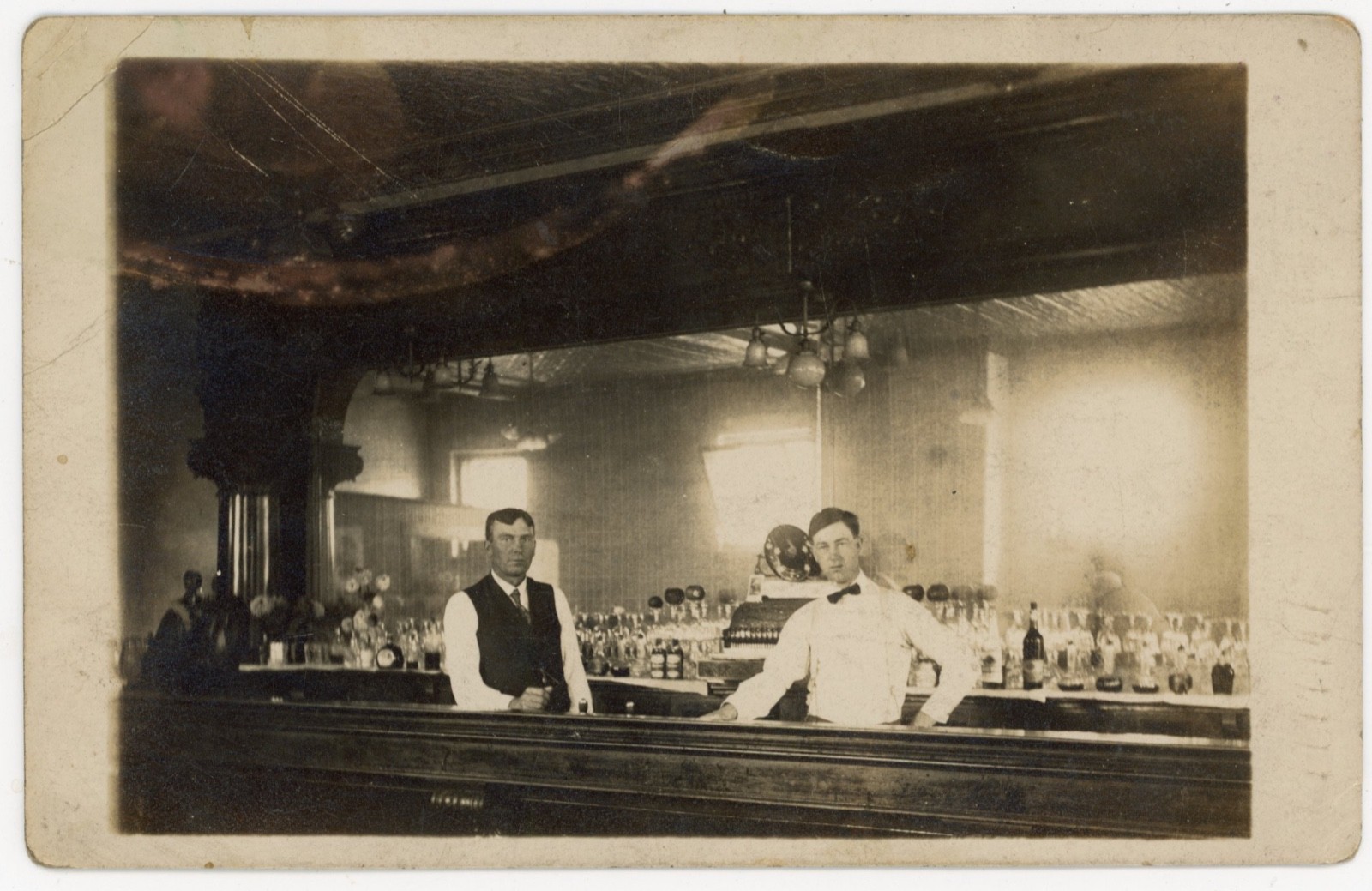 Saloon Interior Bartenders Bar Back Mirror Bottles RPPC c1910s