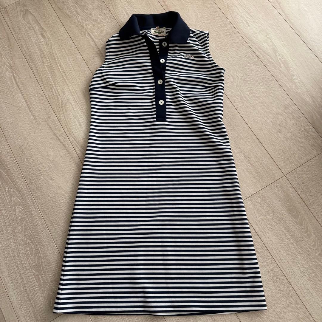 CHEMISE LACOSTE Sleeveless Polo Dress Navy White Border Stripe Pique Size 40