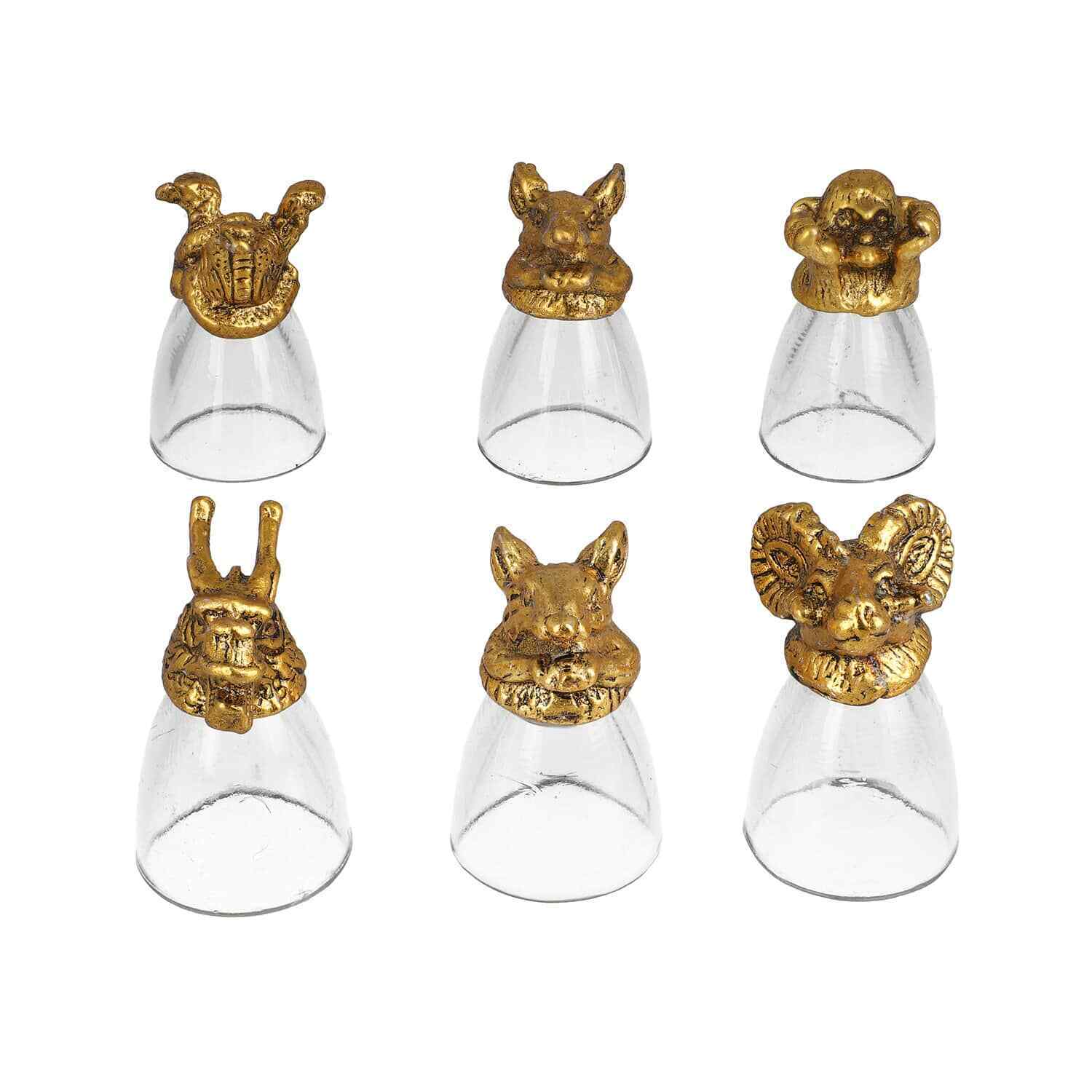 Set of 6 Handcrafted Golden Color Animal Head Pattern Shot Glasses 50ml Gifts