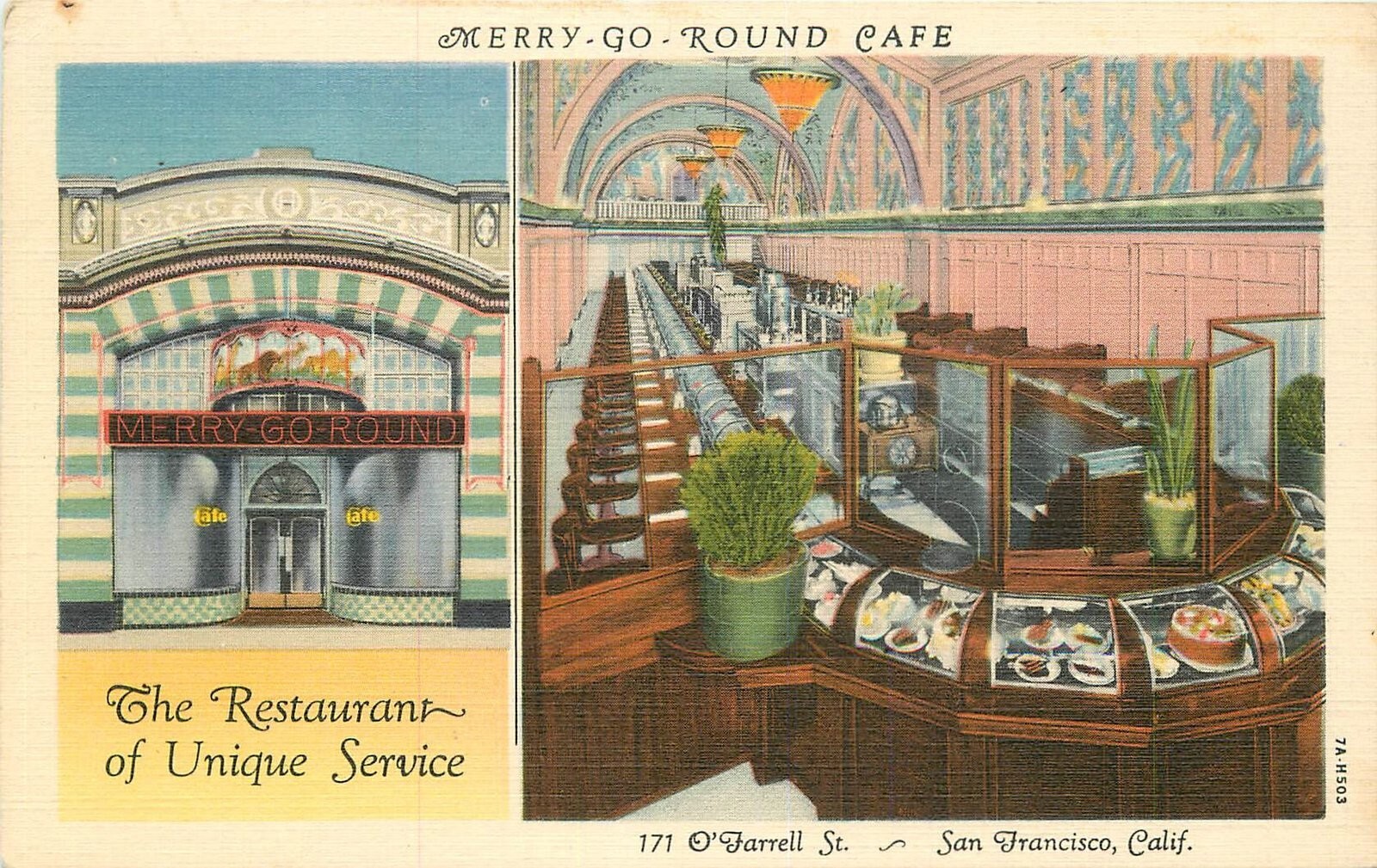 Postcard 1940s California San Francisco Merry Go Round Cafe Teich 22-12416