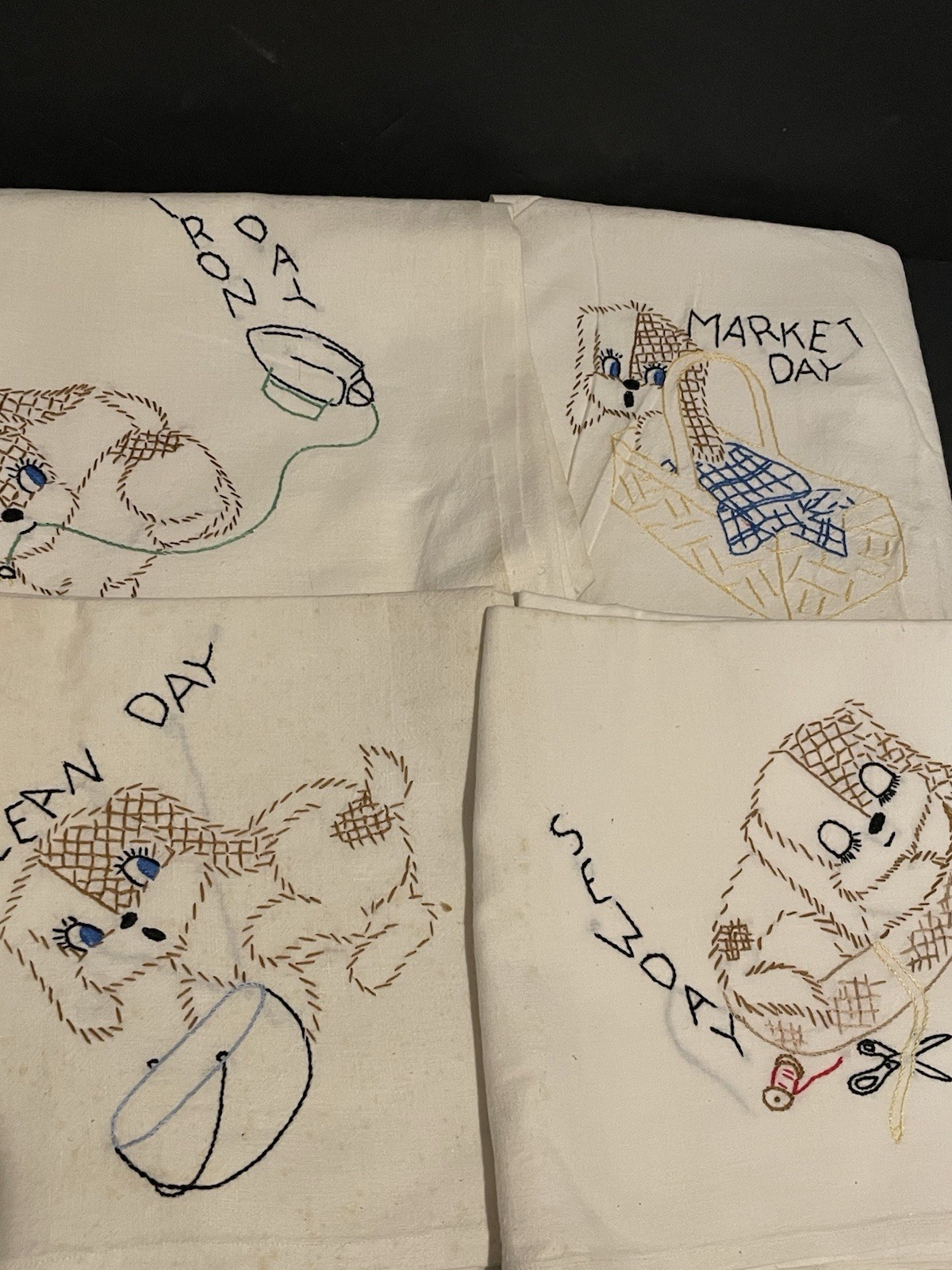 Lot of 4 Vintage Tea Towels Embroidered Puppy Chores 33 Inch Handmade Cotton