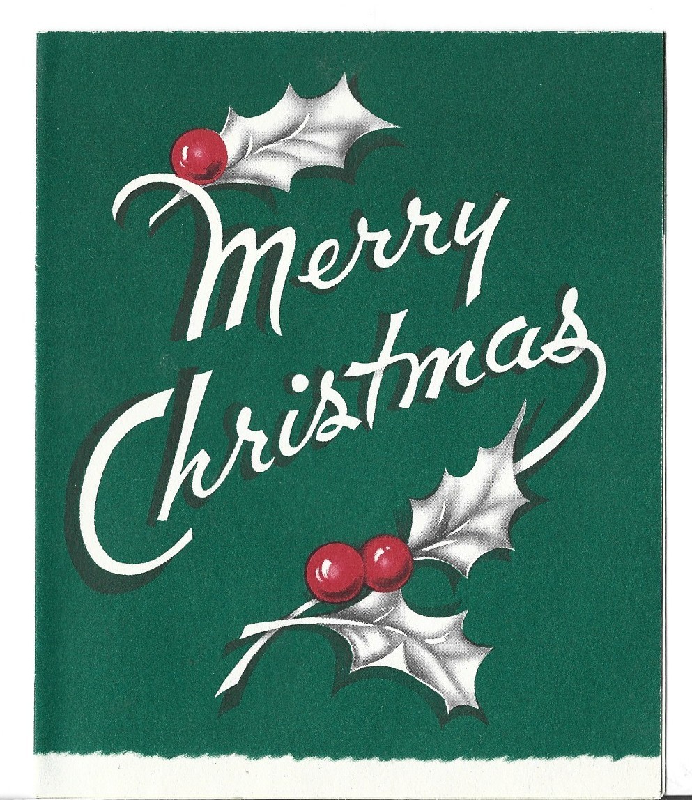 Vtg Christmas Greeting Card 4.5X5.5 GREEN CARD - MERRY CHRISTMAS HOLLY & BERRIES