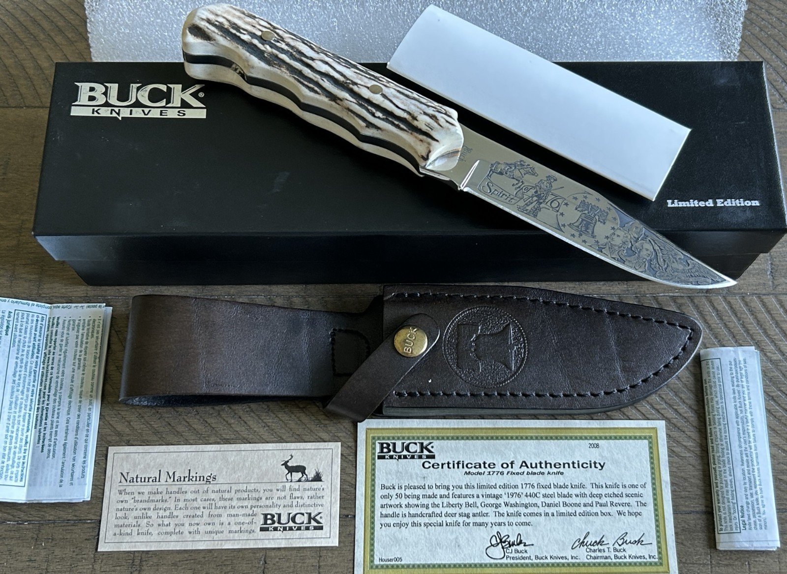 MINT Buck 1776 STAG Fixed Blade Knife Custom Etched Spirit of 76 COA Box 1/50