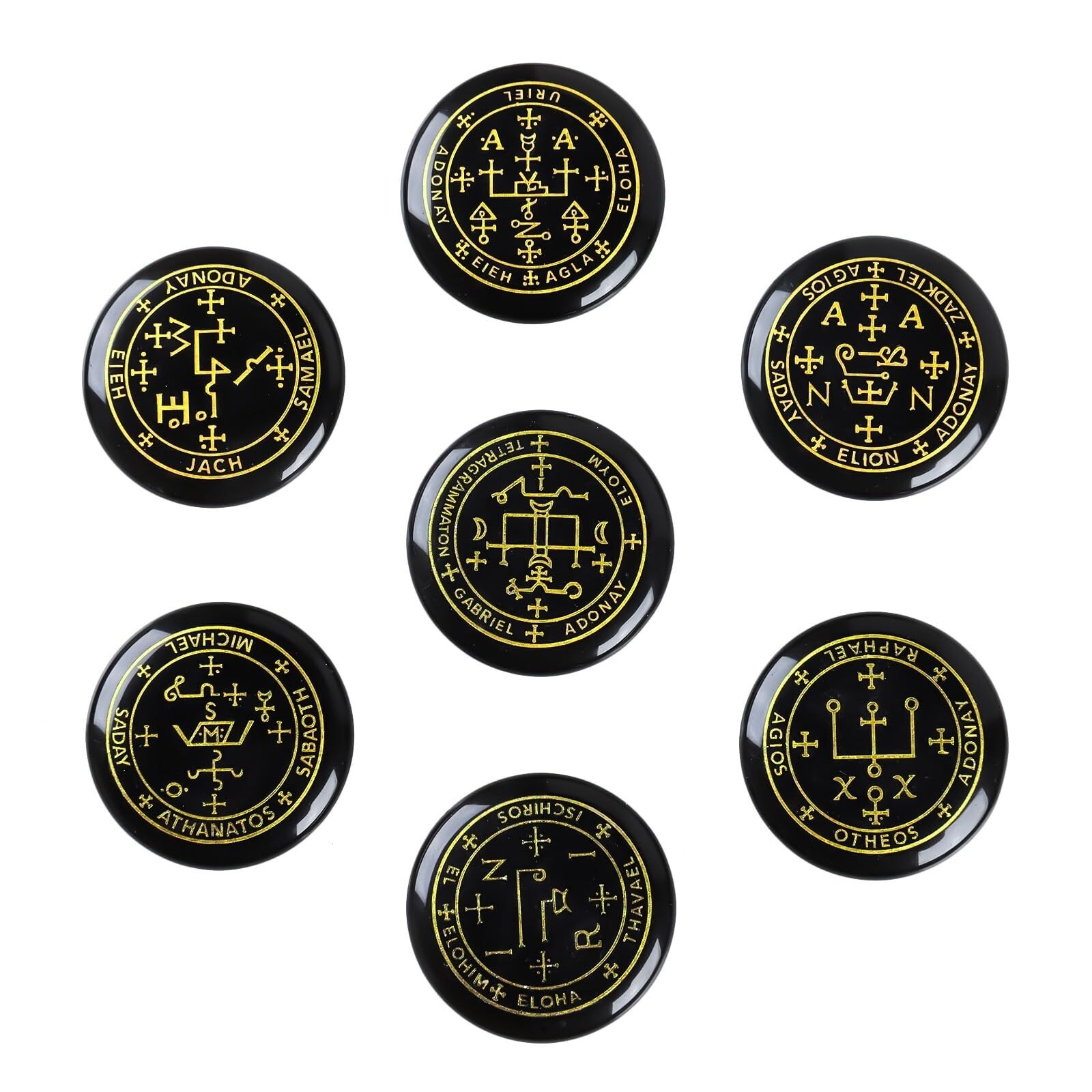 Set of 7 Polished Black Agate Crystal Engraved Magic Archangel Symbols Wicca ...