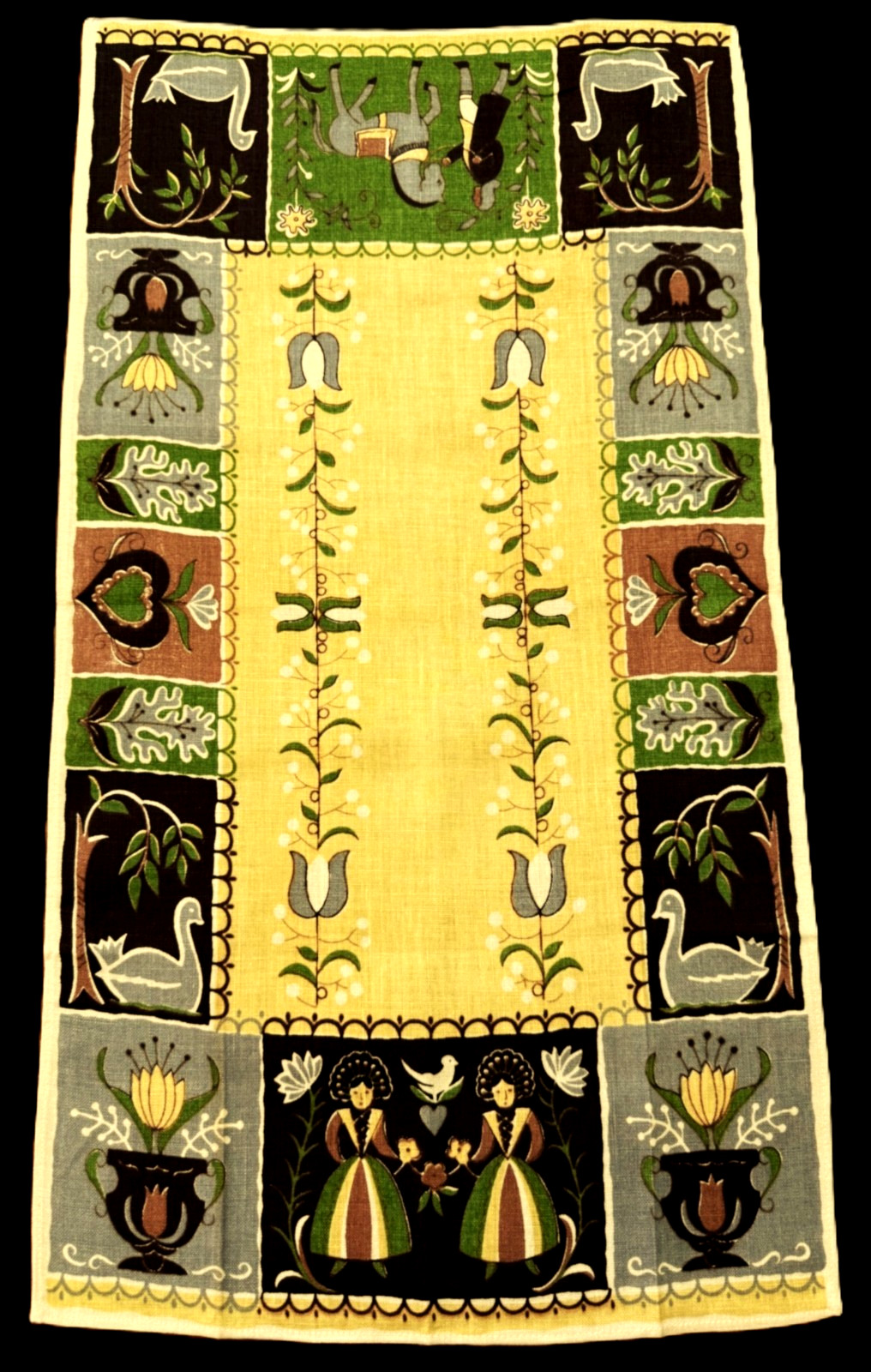 NOS Mid Century Linen Tea Towel FOLK ART Swedish Scandi PA Dutch Old Country