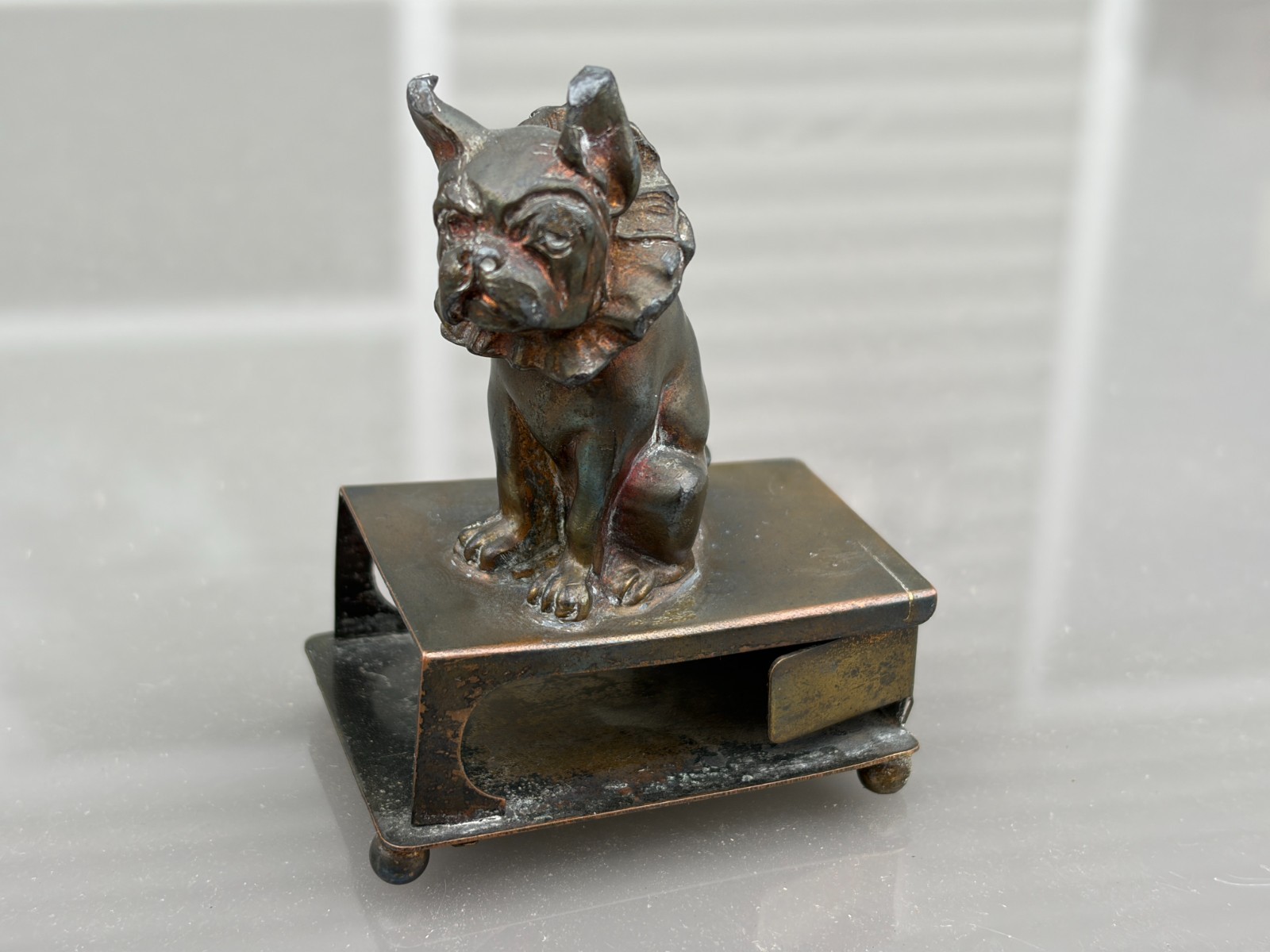 Antique Kronheim & Oldenbusch K&O Circus French Bulldog Metal Match Holder
