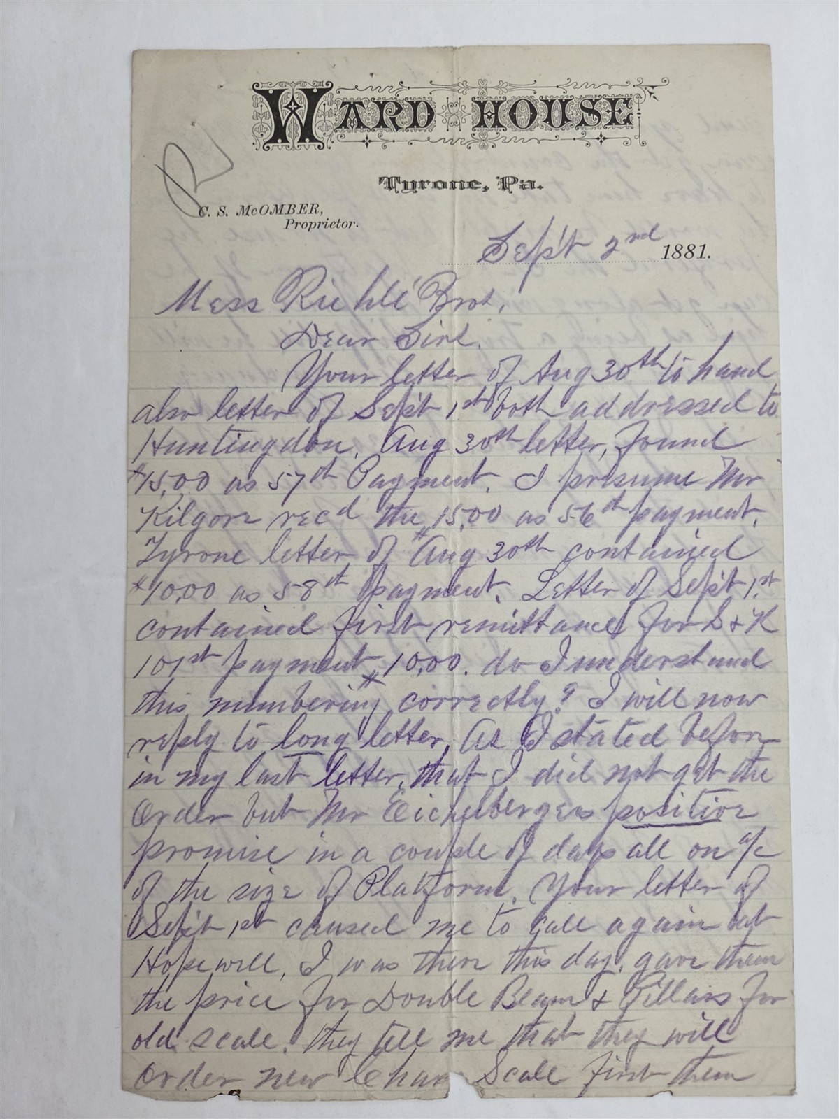 1881 antique WARD HOUSE tyrone pa FAIRBANKS Bros SCALES W S LYMAN LETTERHEAD