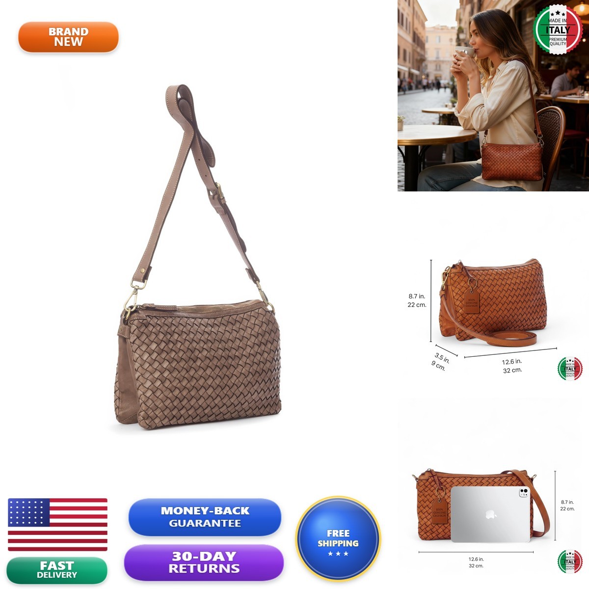 Italian Genuine Leather Crossbody Bag for Women - Taupe