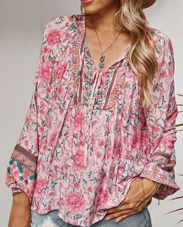 Plus Size Womens Floral Boho Tunic Tops Shirt Long Sleeve Casual Loose Blouse