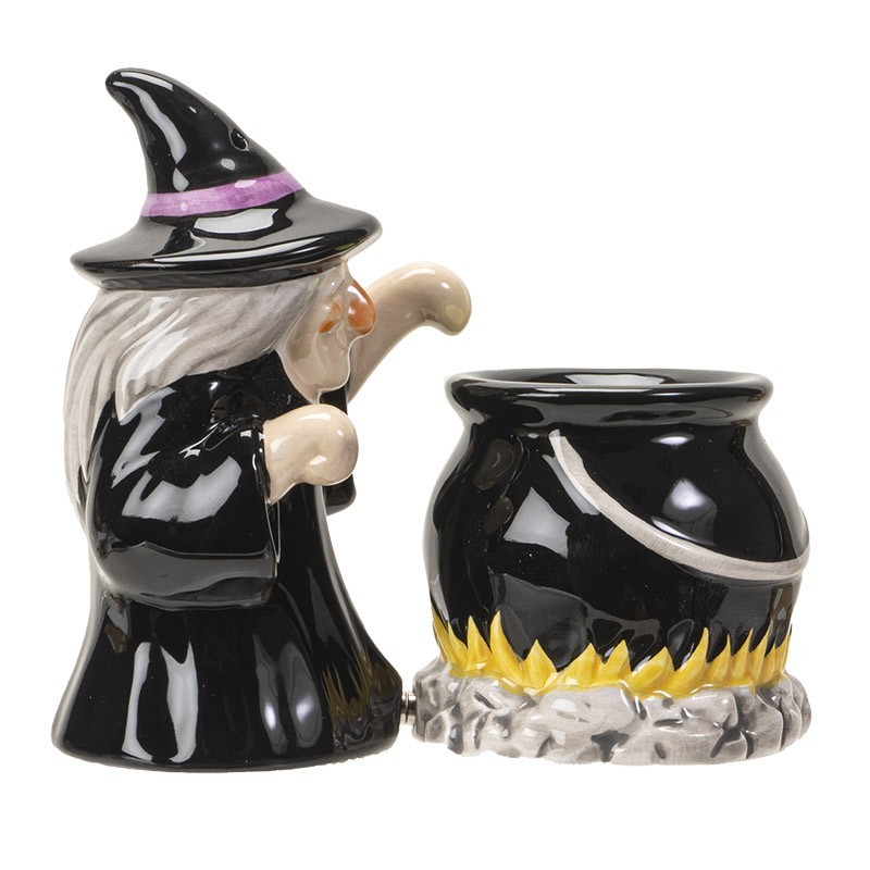 PT Witch & Cauldron Halloween Magnetic Ceramic Salt and Pepper Shakers Set