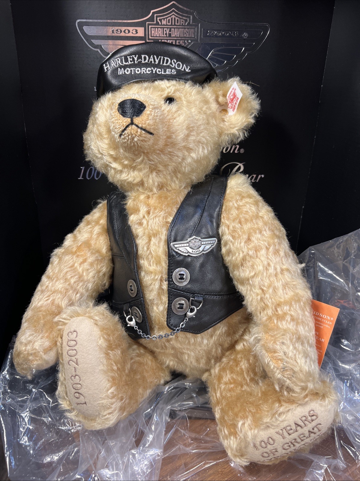 New Steiff Harley Davidson Motors 100th Anniversary 1903-2003 Plush Bear COA