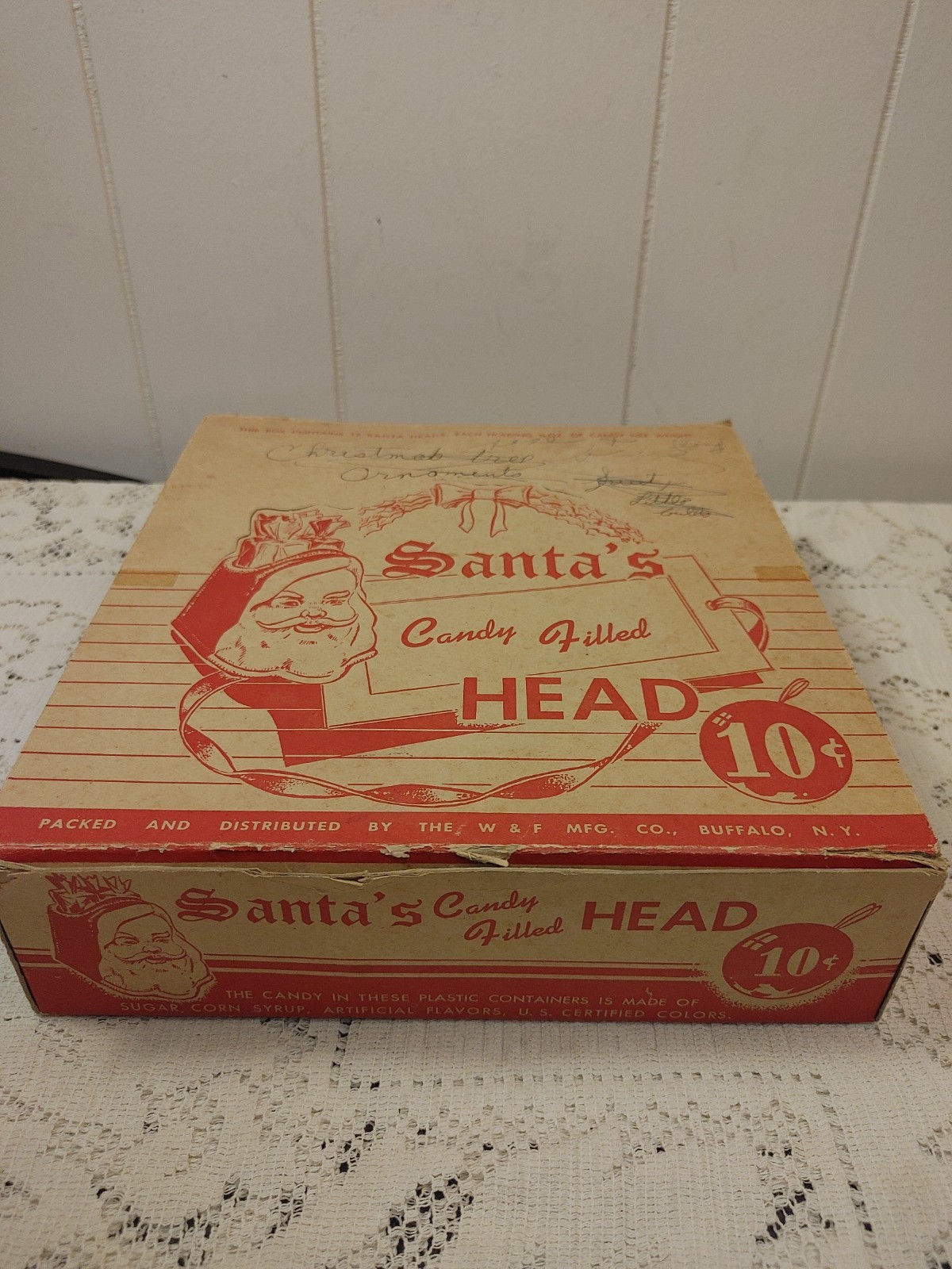 VINTAGE ANTIQUE W&F WAX SANTA HEAD 6 CANDY CONTAINERS Store Display Box Only