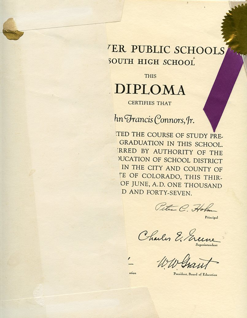 1947 Denver CO-South High School Diploma In Envelope-John Francis CONNORS Jr
