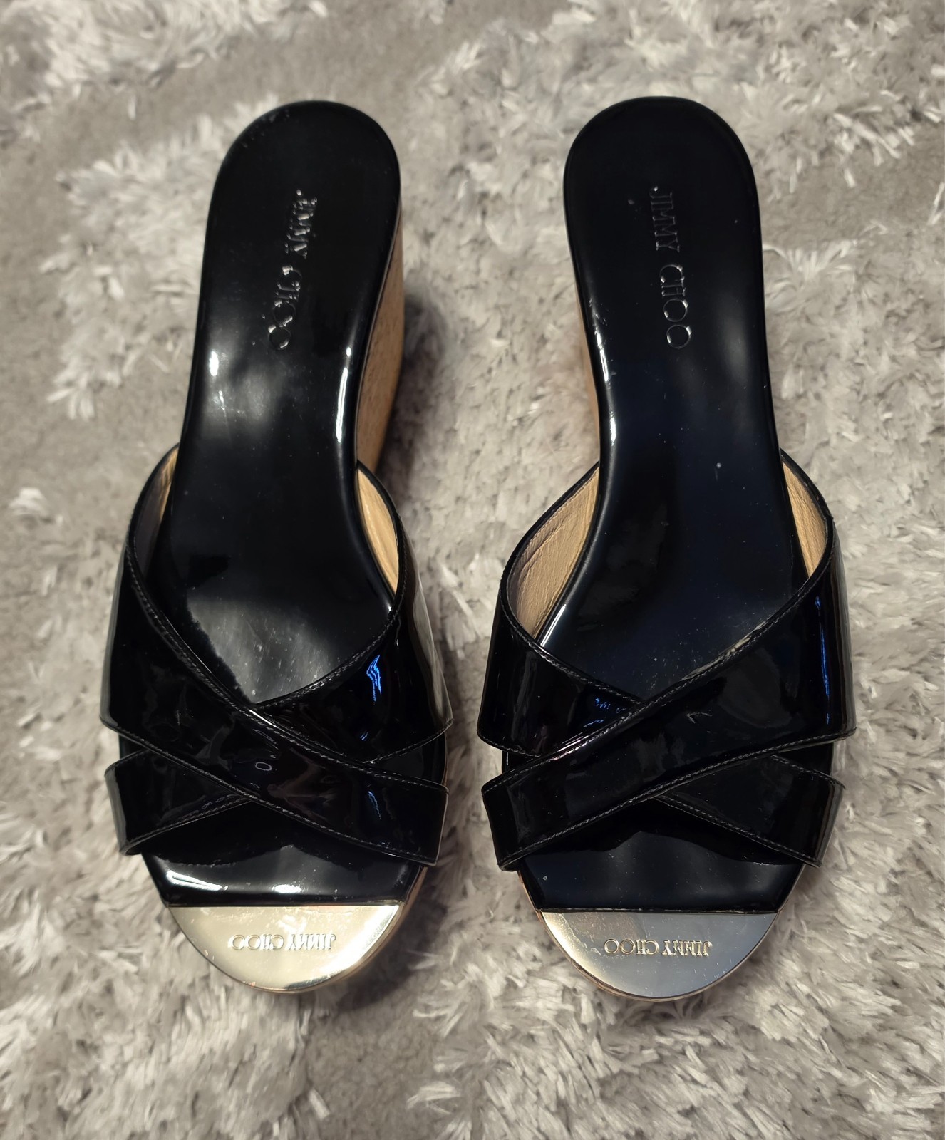 JIMMY CHOO Patent Leather Wedge Sandals Mule Sole Logo Women\'s EU 39.5