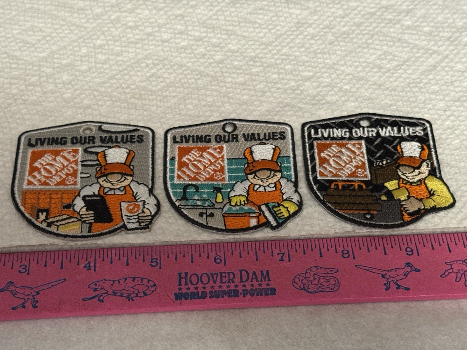 LOT OF 3 HOME DEPOT LIVING OUR VALUES IRON ON PATCHES STOCKING CLEANING DRILLING