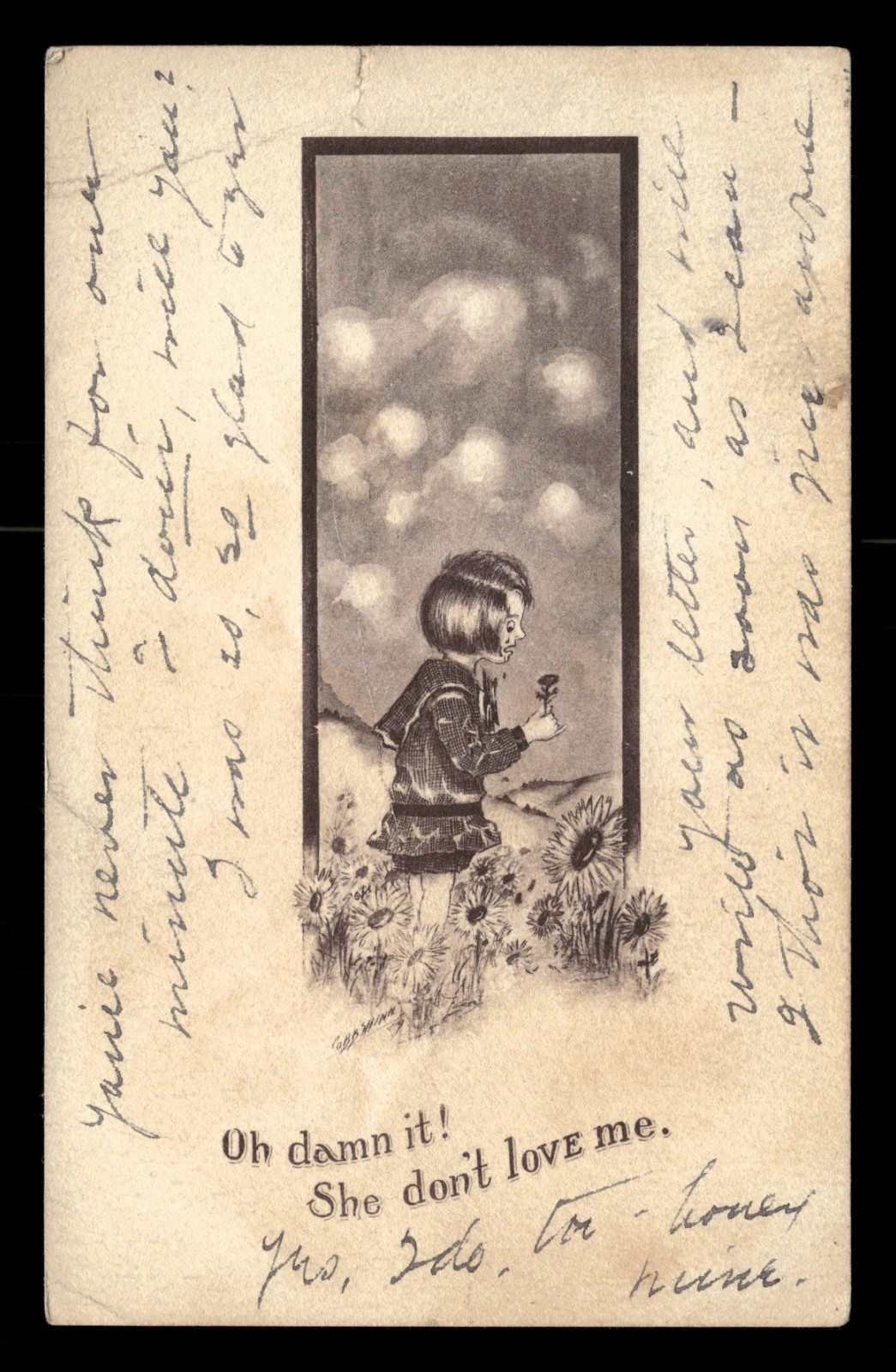 Postcard Comic Boy Daisy Picking She Don\'t Love Me PM 1910