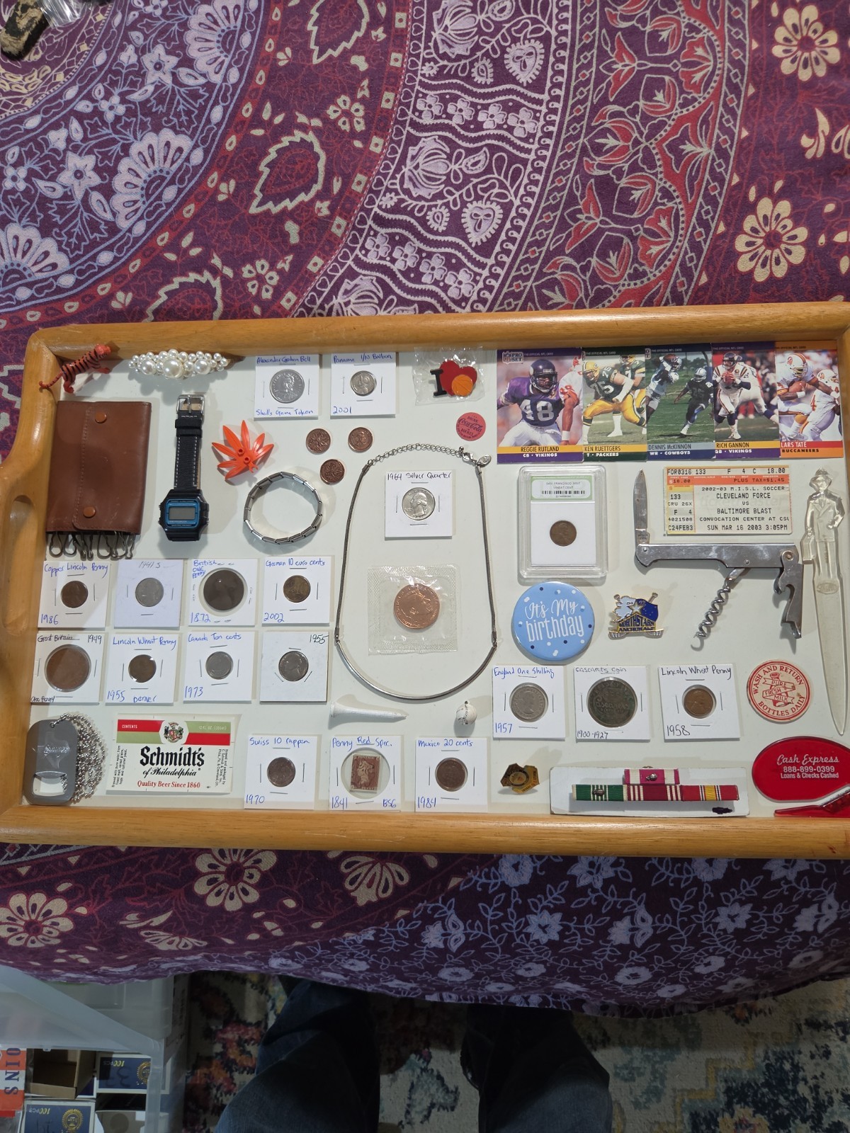 Vintage Junk Drawer With US Silver Quarter, Militaria, And Sports Cards