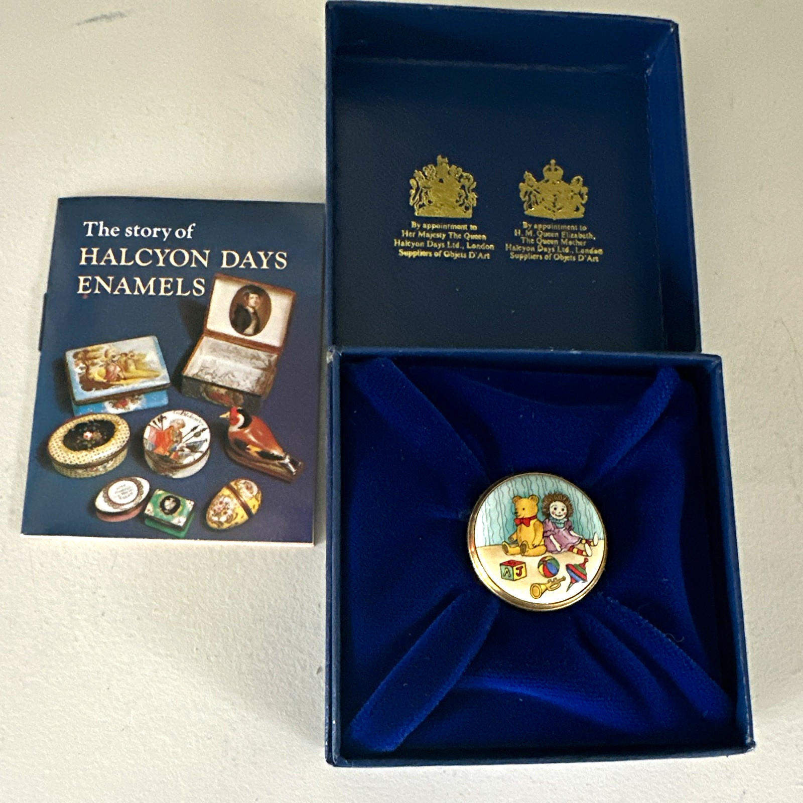 Halcyon Days Enamels Teddy Bear & Doll Trinket Box w/ Blue Box & Booklet