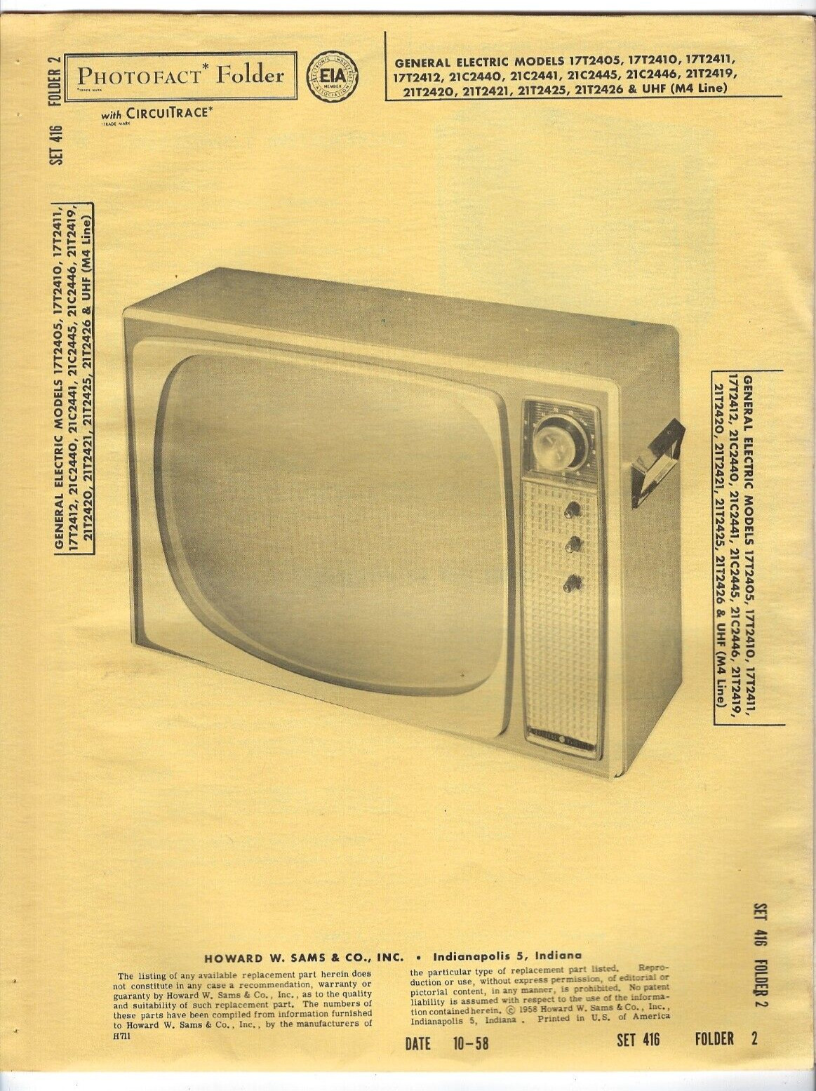 1958 GE GENERAL ELECTRIC 21T2425 Tv TELEVISION SERVICE MANUAL Photofact 17T2405