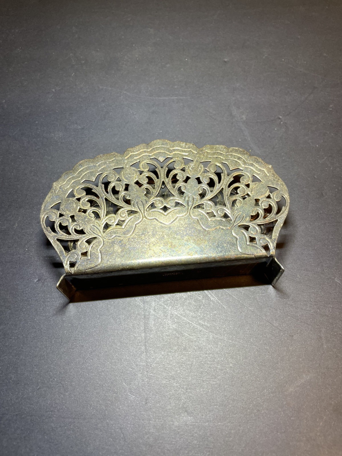 Vtg Danish Silverplate Napkin Letter Holder Ornate Filigree Openwork Denmark