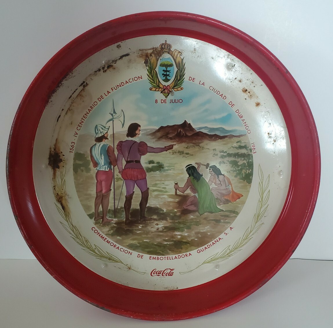 Vintage Original 1963 Coca-Cola Durango Mexico Conquistadors Indians Metal Tray