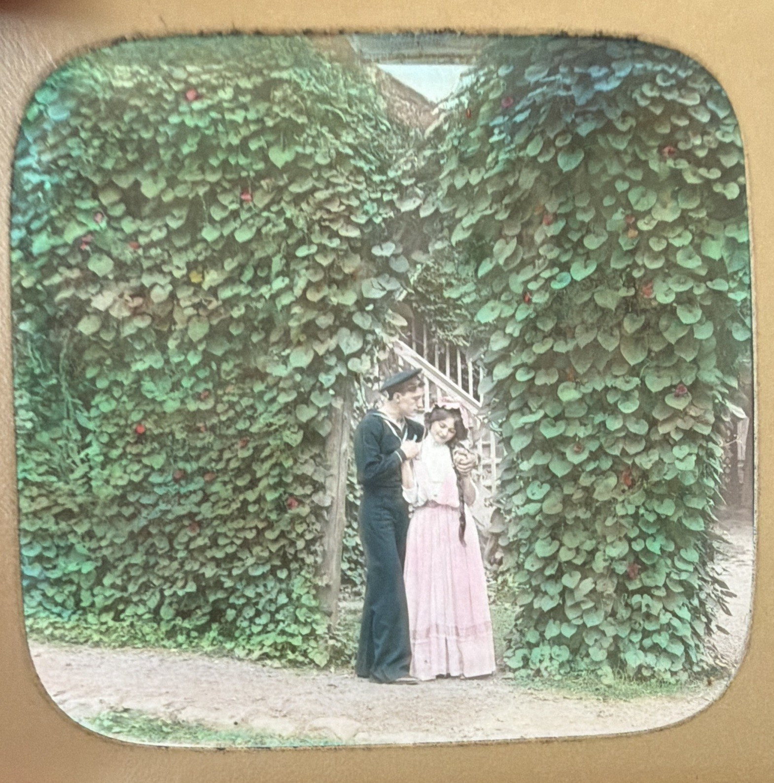 1908 DeWitt Wheeler Magic Lantern Slide Romantic Couple Garden Hand Colored